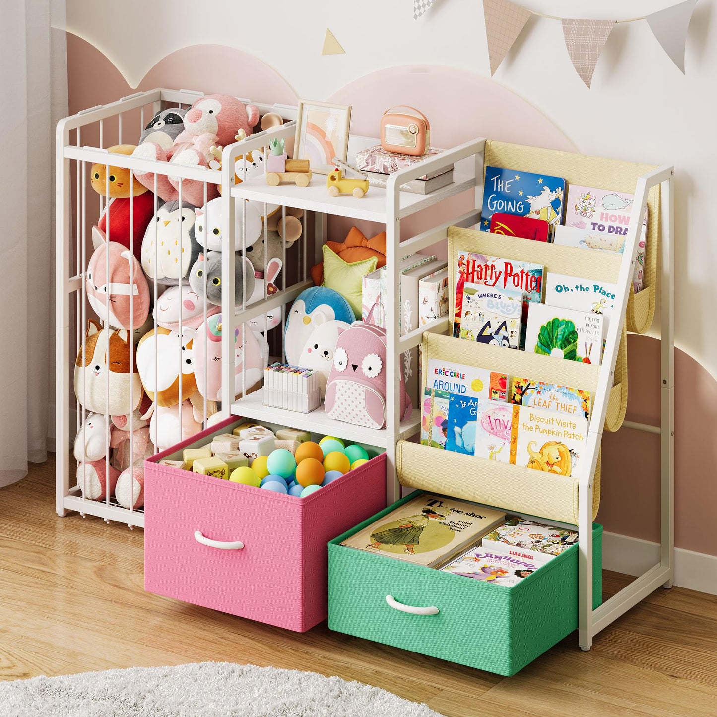 Twinkoo Kids Bookshelf and Toy Storage, Large 3 Tier Book Shelf for Kids Rooms, Sling Baby Bookcase with Stuffed Animal Storage, Toddler Montessori Bookshelf (Pink&Green, 3 Column)