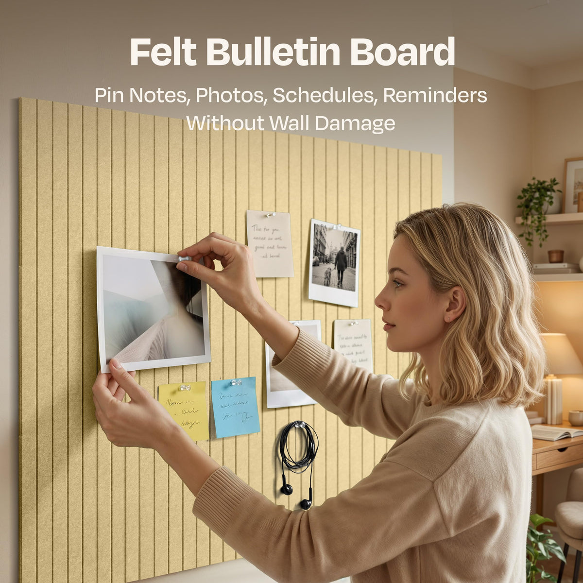 Ekkogo X-Large Cork Board Alternative 12-Pack Felt Bulletin Board Thick and Decorative Pin Board for Home Office Walls 47.24 x 35.43 Inches with 72 Adhesive Tabs - [Cancun Sand]