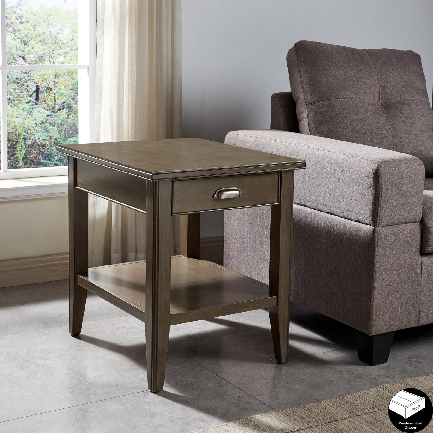 Leick Home Laurent End Table, Solid Wood, with Shelf and Drawer, Smoke Gray, 10507-GR