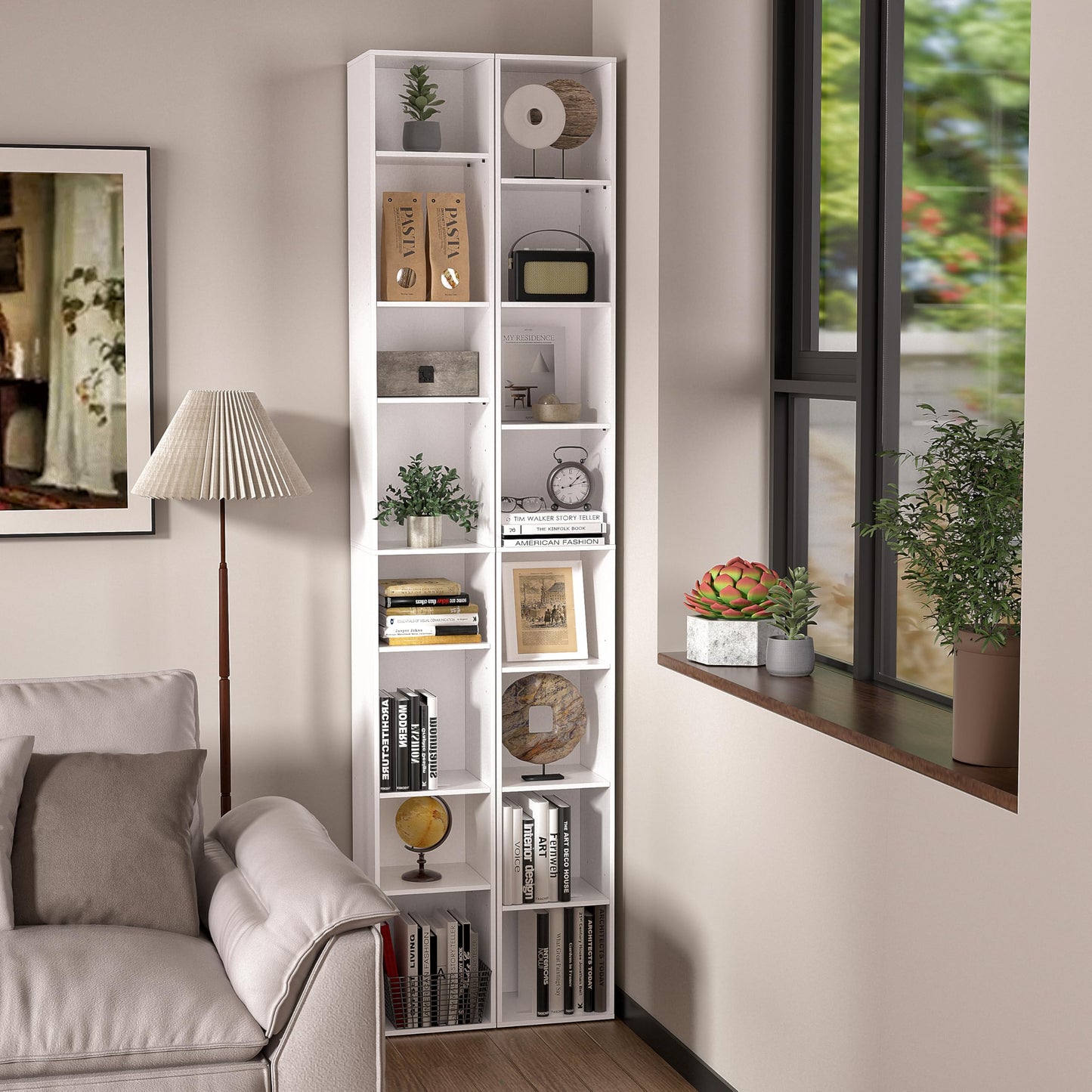 NewBeth 8-Cube Storage Organizer Bookcase, White, Tall Narrow Bookshelf for Home Office (White)