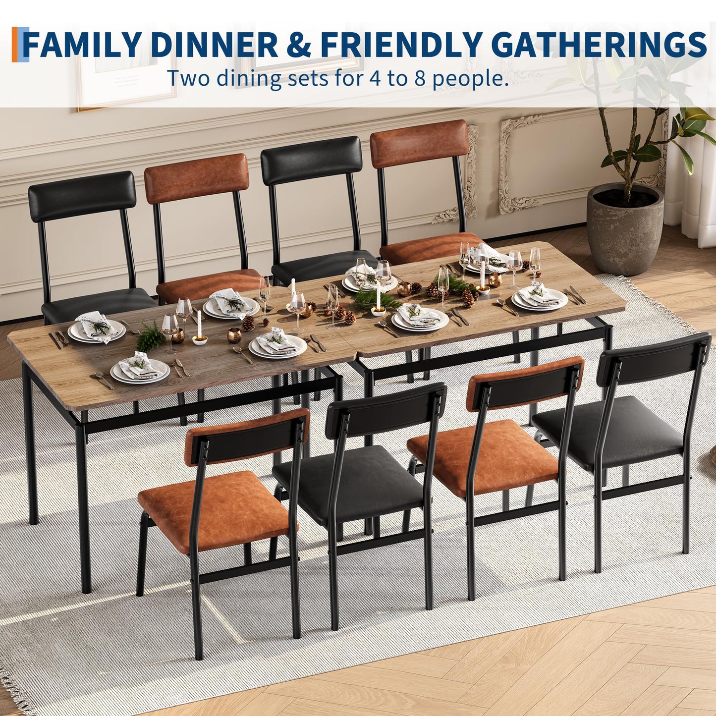 Garvee Dining Table Set for 4, 5 Piece Wooden Dining Table and Chairs, 4 PU Upholstered Chair, Modern Metal Frame Dinette Set for Dining Room, Home Dinner, Party, Apartment, Brown + Black