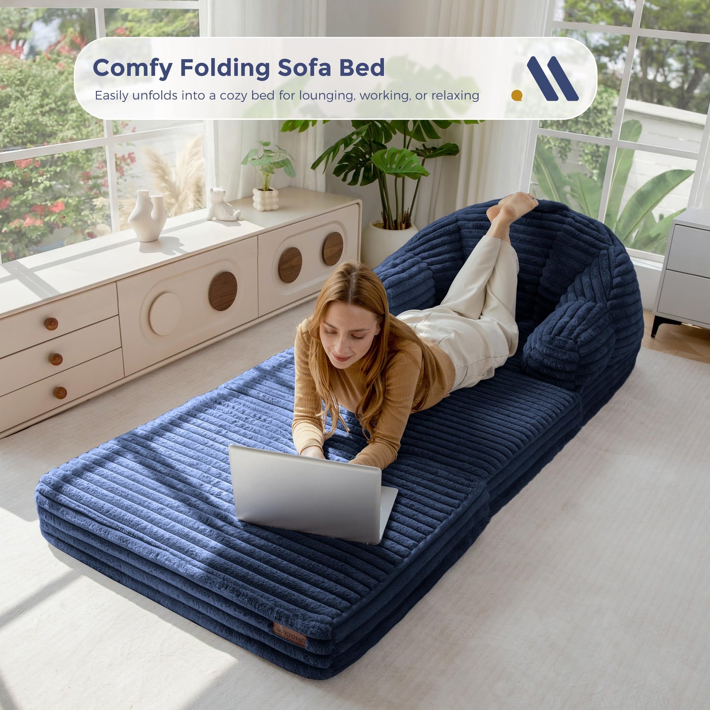 MAXYOYO Folding Sofa Bed, 2 in 1 Convertible Sofa to Lounger Comfy Faux Fur Bean Bag Chair for Adults, Floor Single Couch Chair with Handle, Couch Bed for Living Room Bedroom, Navy