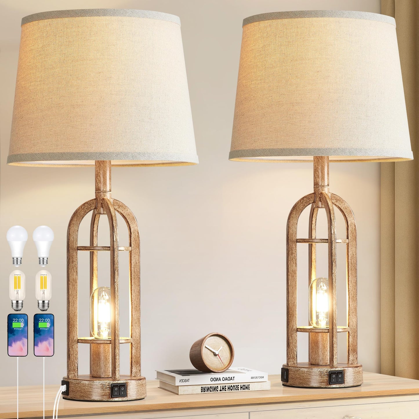 SRJJA Table Lamps for Living Room End Table Set of 2 - Rustic Farmhouse Bedside Lamps for Bedroom Nightstand with Nightlight and USB A+C, 4 Bulbs Included