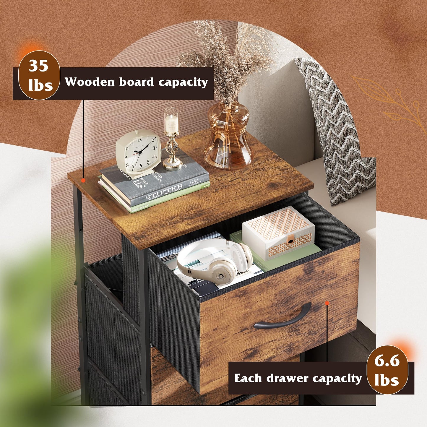 WLIVE Dresser with 3 Drawers, Fabric Nightstand, Organizer Storage Dresser for Bedroom, Hallway, Entryway, Closets, Sturdy Steel Frame, Wood Top, Easy Pull Handle, Rustic Brown Wood Grain Print