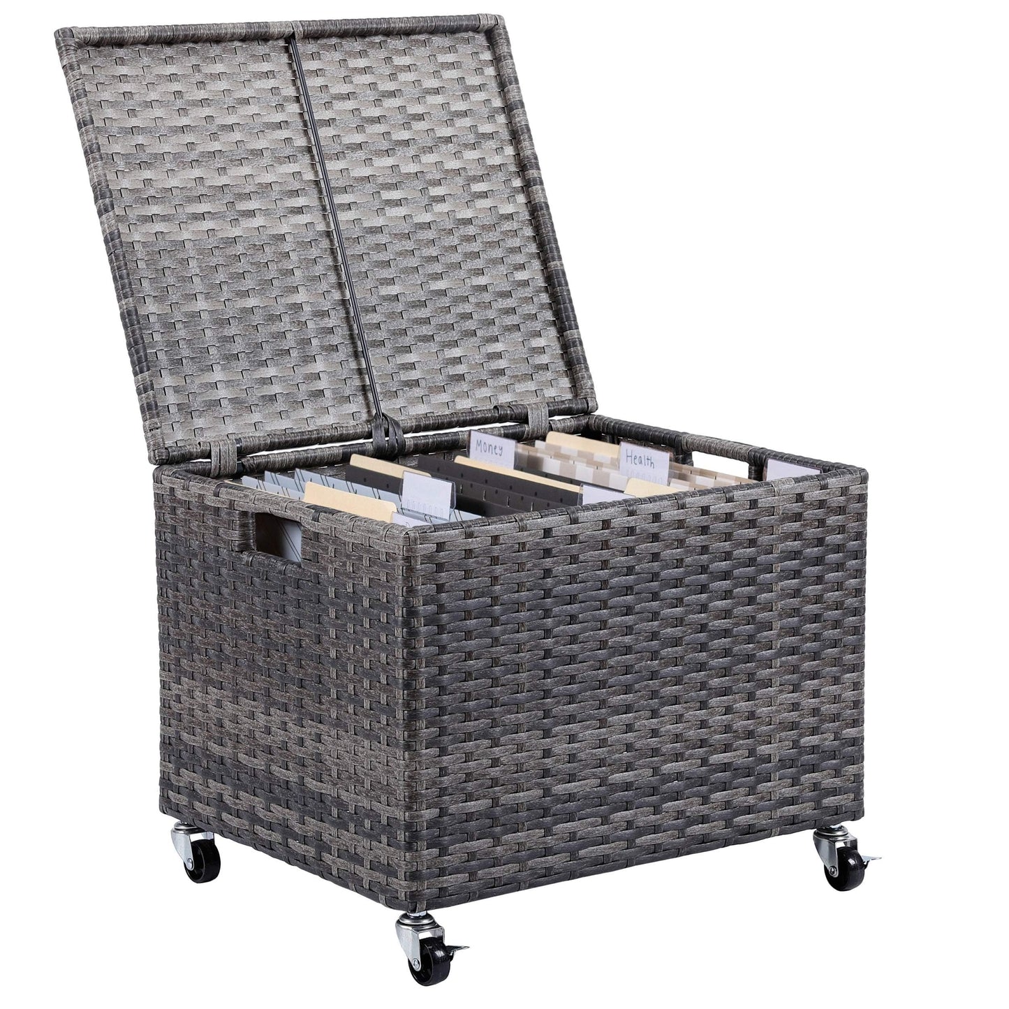BIRDROCK HOME Rolling Filing Cabinet - Weatherproof Rattan-Style Storage Box or Resin Deck Chest with Wheels for Organizing Cushions, Toys, and Accessories in Home, Office, or Garden (Grey)