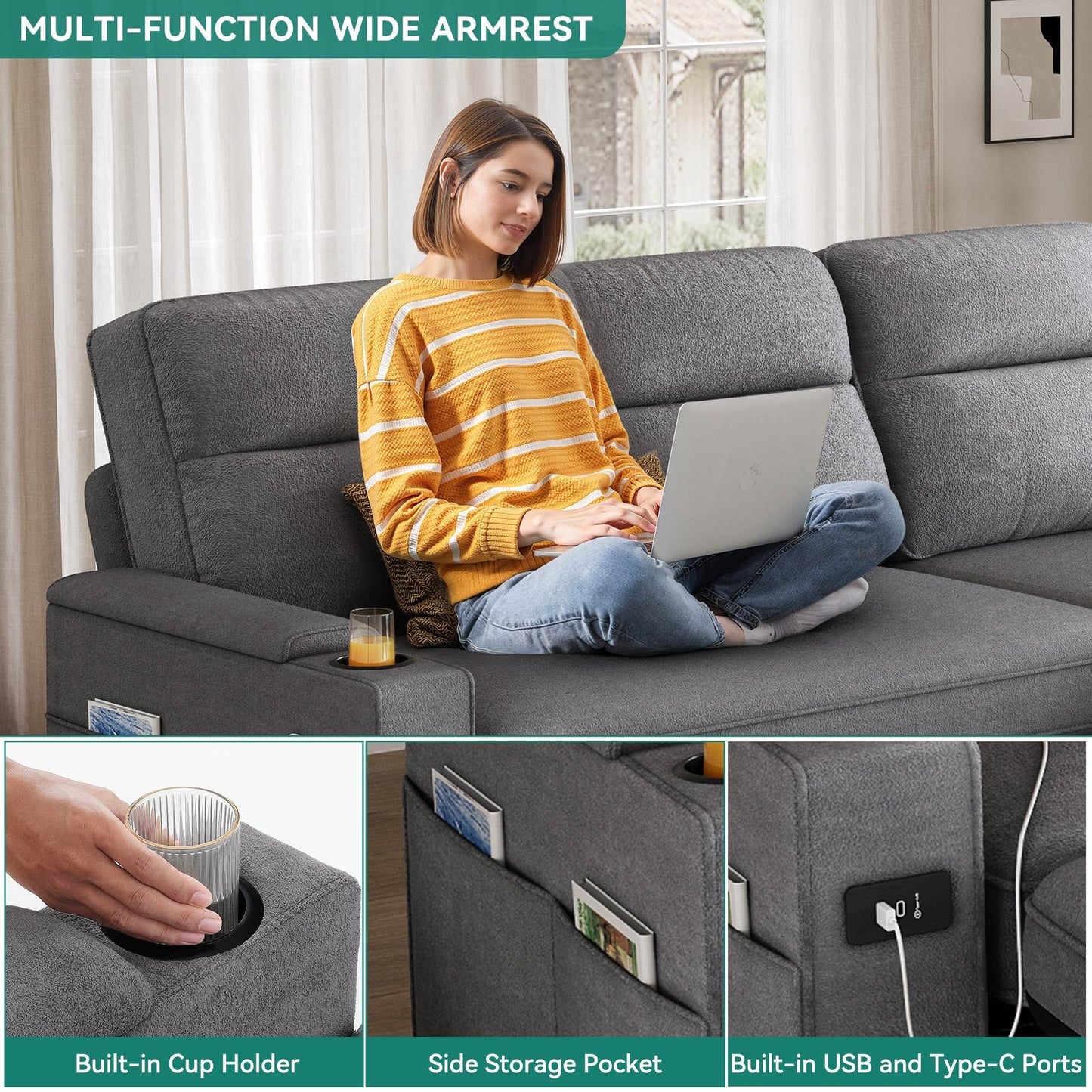 YITAHOME Sectional Sleeper Sofa with Pull Out Couch Bed, 81" Convertible Sleeper Sofa with Adjustable Backrest, Sofa Bed Sleeper Couch with Armrest & USB Port, Grey