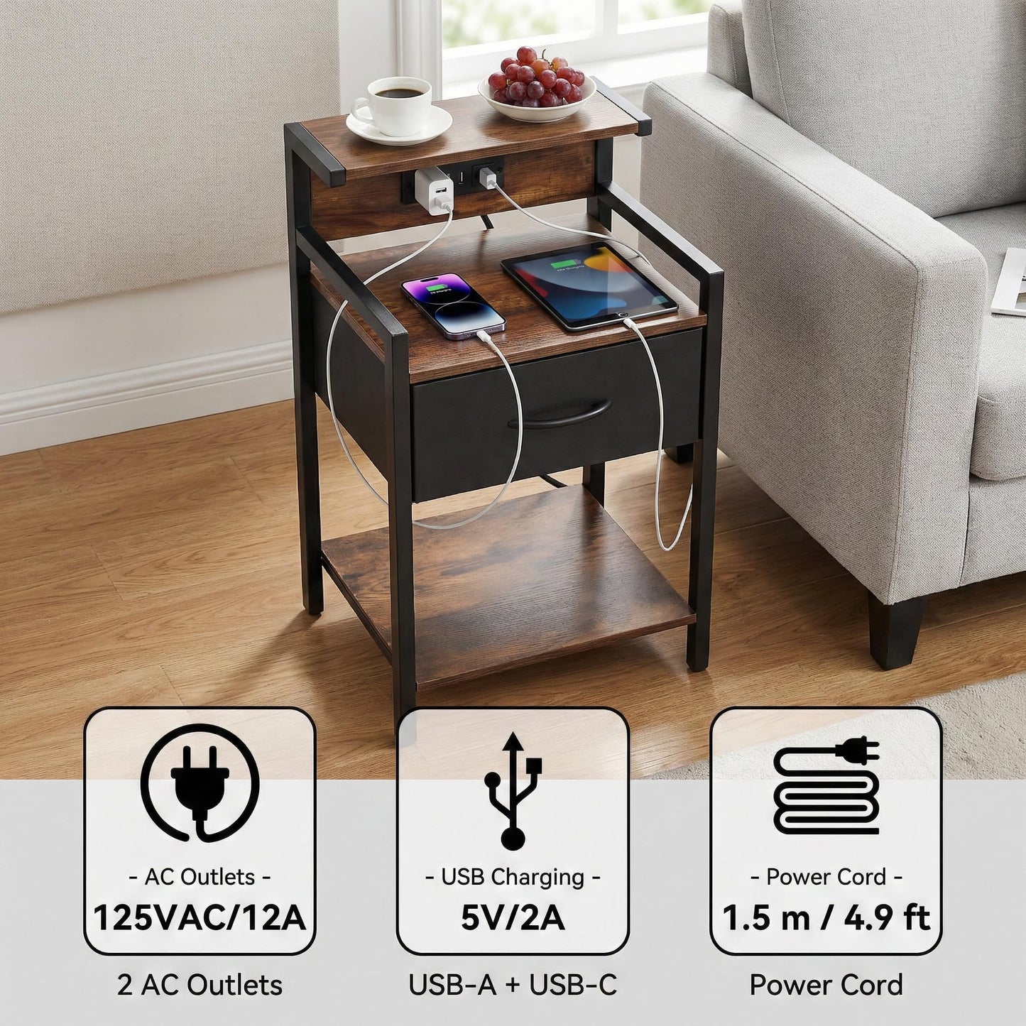 Homiekit Industrial Nightstand with USB Charging Port, Narrow End Side Table with Fabric Drawer & Storage Shelf for Bedroom Living Room
