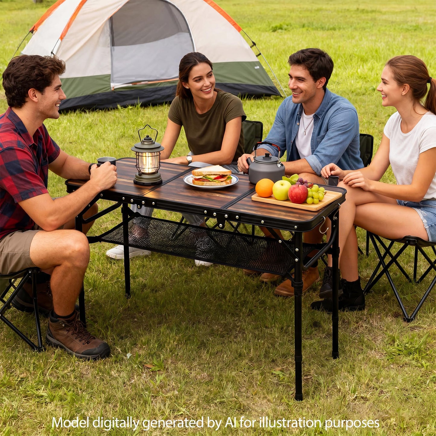 YihuiKo Folding Camping Table with Storage Net, Lightweight Portable Foldable Table with Adjustable Height Max 27.5 Inch Outdoor Table for Picnic Travel, Plank-Style Wood Grain