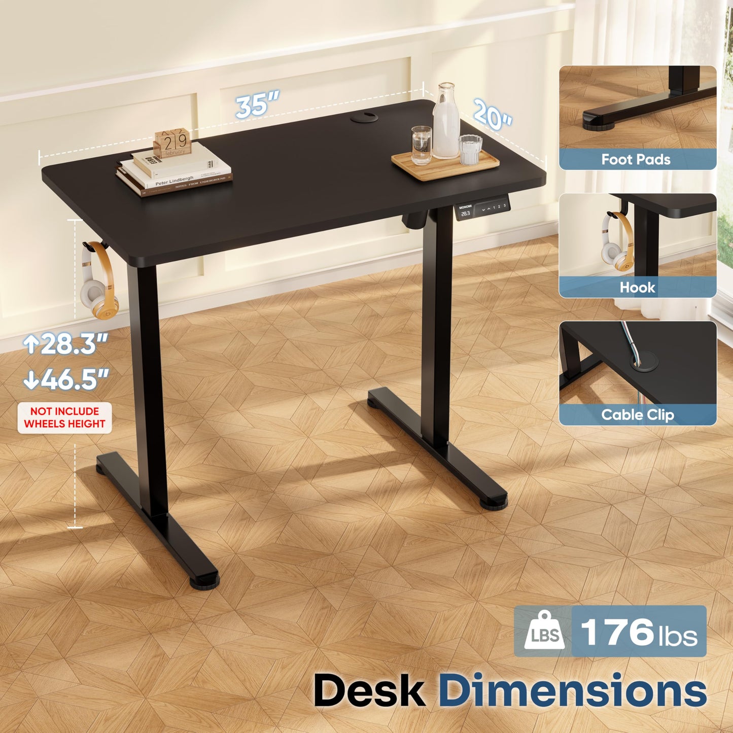 Monomi Small Electric Standing Desk, 35" x 20" Whole Piece Height Adjustable with Memory Controller, Sit to Stand Desk Workstation for Home Office, Black