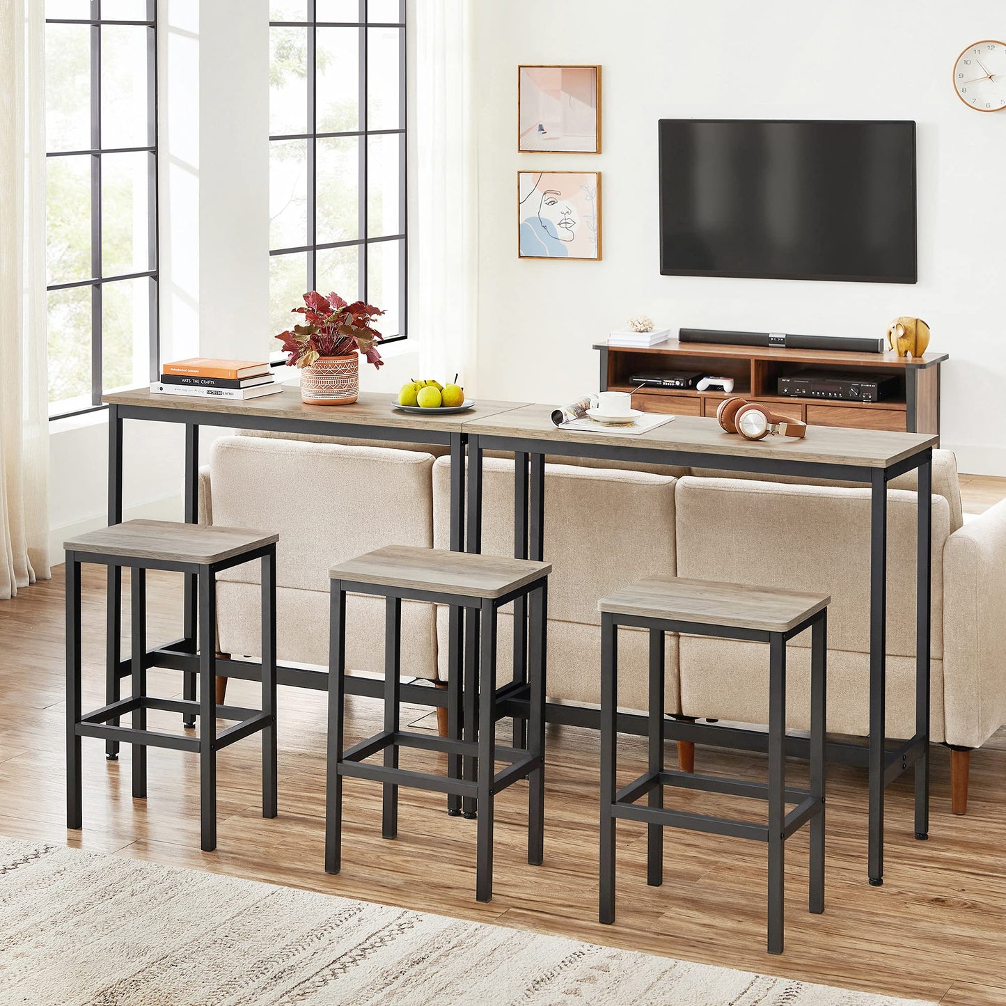 VASAGLE Bar Stools Set of 2, Bar Chairs, Kitchen Breakfast Bar Stools with Footrest, 25.6 Inch Tall, Industrial in Living Room, Party Room, Greige and Black ULBC065B02
