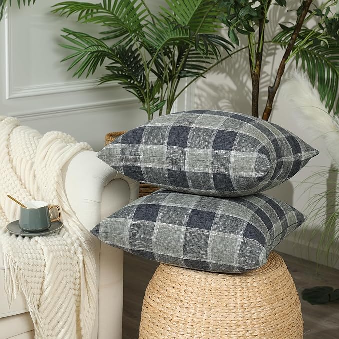 Stellhome Pack of 2 Lumbar Linen Buffalo Check Throw Pillow Covers Farmhouse