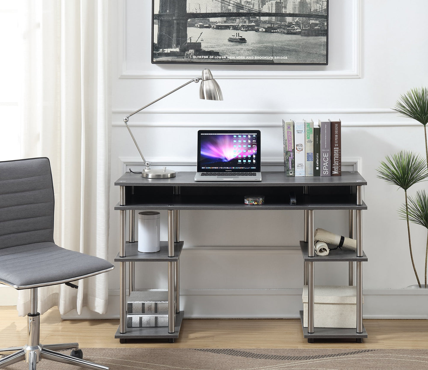 Convenience Concepts Designs2Go No Tools Desk Home Office Desk with Shelves, Corner Shelf Vanity Desk Computer Desk Nail Table for Nail Tech - 47.25" L x 15.75" W x 30" H, Charcoal Gray