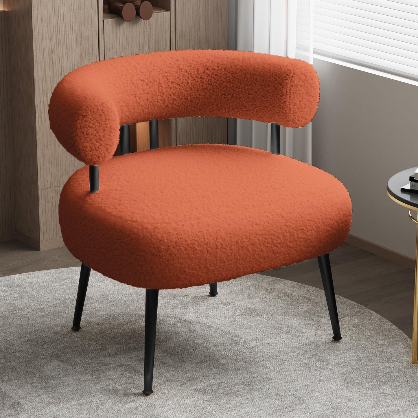 SEYNAR Mid Century Sherpa Boucle Accent Chair, Round Upholstered Barrel Arm Chair for Small Spaces, Fluffy Side Corner Sofa Chair for Living Room, Bedroom, Vanity, Office, Reading Nook（Orange）