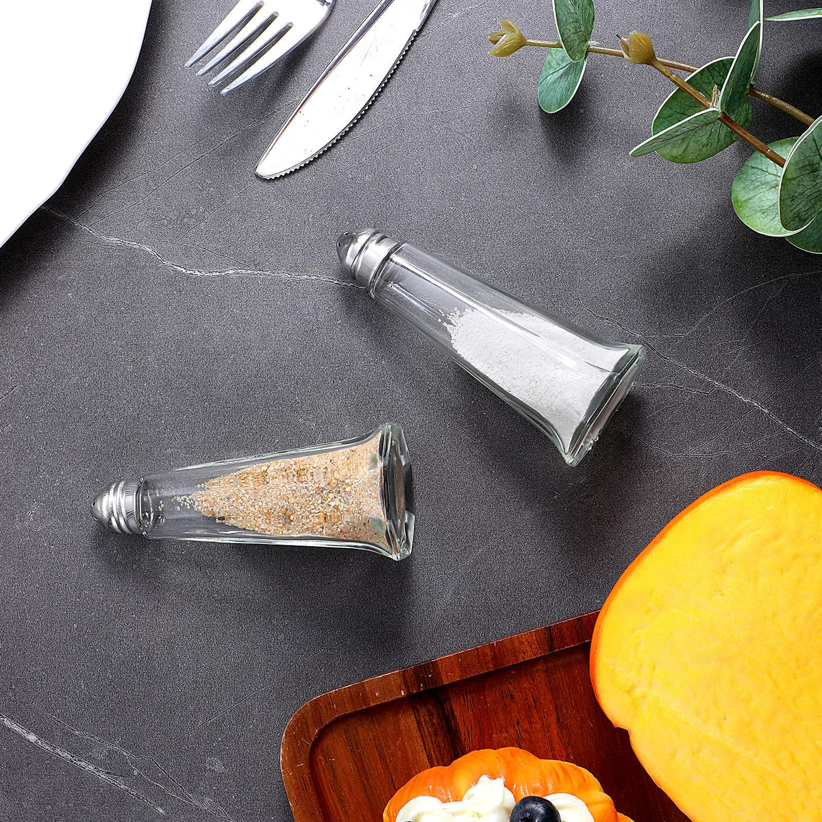 Set of 24 Tower Glass Salt and Pepper Shakers Bulk 40ml Small Tower Spice Shakers Refillable Glass Salt Shaker with Stainless Steel Chrome Top Lid for Home Restaurant Kitchen Seasonings Supplies