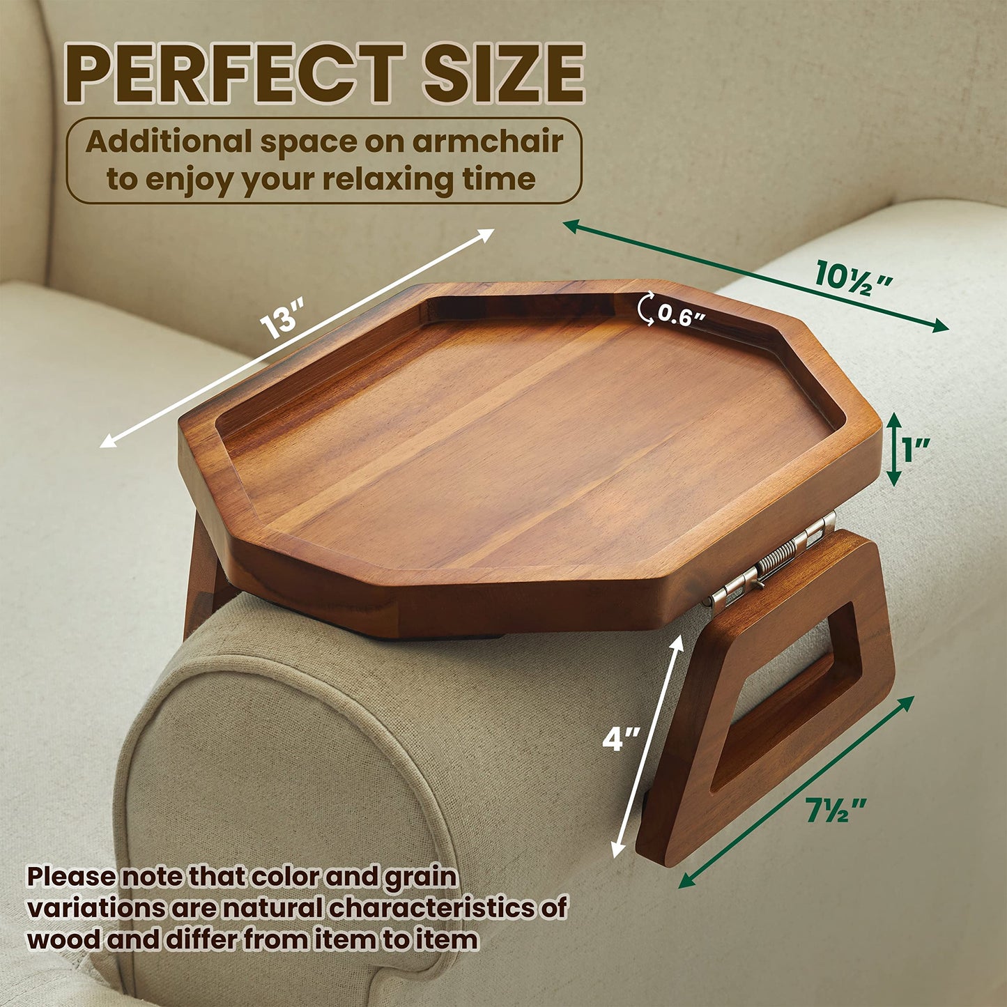 Tinamo Octagonal Acacia Sofa Arm Tray, Couch Armrest Table with Folding Arms - Armchair Caddy, Clip on Tray with Adjustable Arm Hinges for Home Sofa Living Room (Acacia, Octagon)