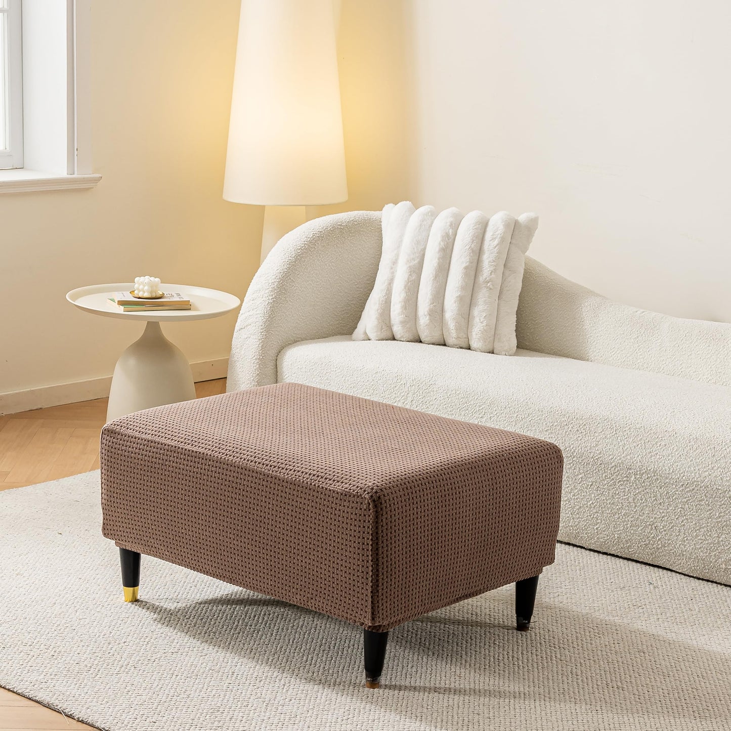 KaviKon Ottoman Cover Slipcover Rectangle Fit Length 25"-30" Stretch Foot Stool Slip Cover, Footrest Slipcovers Protector with Elastic Band, Ottoman Cover Removable Washable(Small,Grid Weave Coffee)