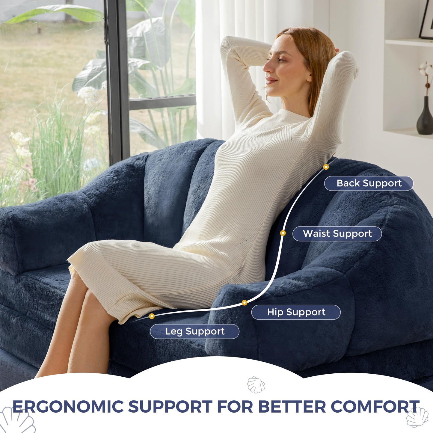 MAXYOYO Folding Sofa Bed, 2 in 1 Convertible Sofa to Lounger Comfy Loveseat Bean Bag Chair for Adults, Floor Couch with Handle, Faux Fur Couch Bed for Living Room Bedroom, Navy, Loveseat