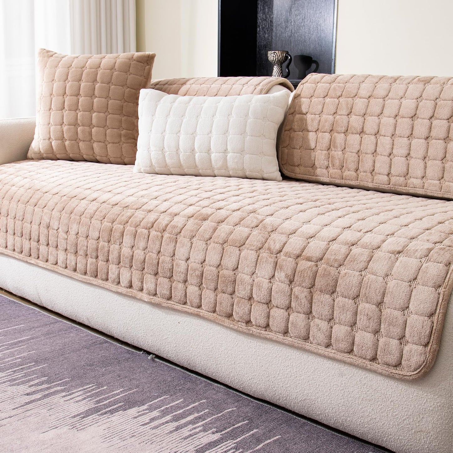 MDSASFD Velvet Couch Cover, Washable Sectional Sofa Cover, Anti Slip Sofa Slipcover for 3 Cushion Couch Sofa L Shaped Armrest Backrest, Furniture Protector Covers for Pets Kids(Khaki, Only 1 PCS)