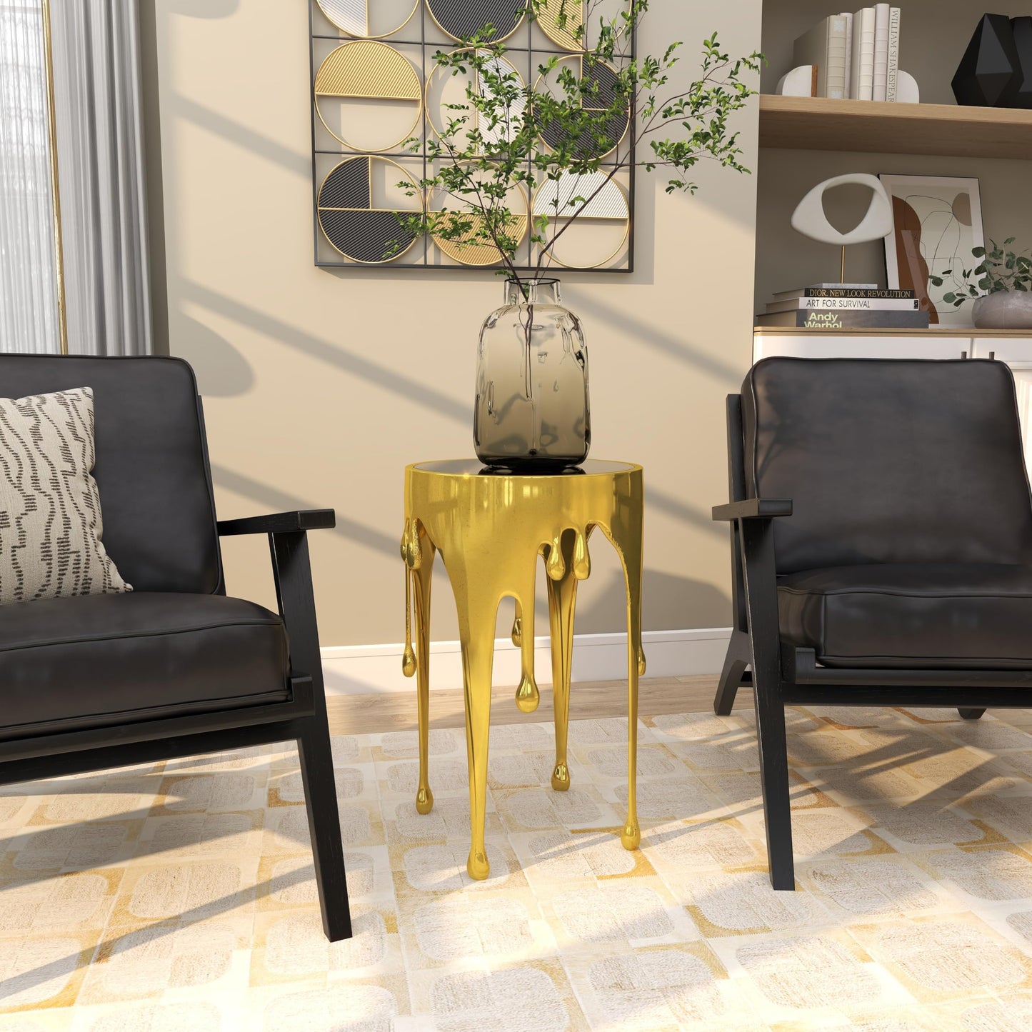 Deco 79 Aluminum Metal Abstract Melting Drip Accent Table with Melting Design and Shaded Glass Top, 16' x 16' x 25', Gold