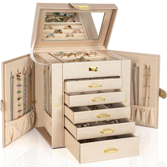 AKOZLIN 6-Tier Jewelry Box Organizer Functional 5 Drawers Leather Jewelry Storage Case for Women Girls Ring Necklace Earring Bracelet Holder Organizer with Mirror Champagne Regular