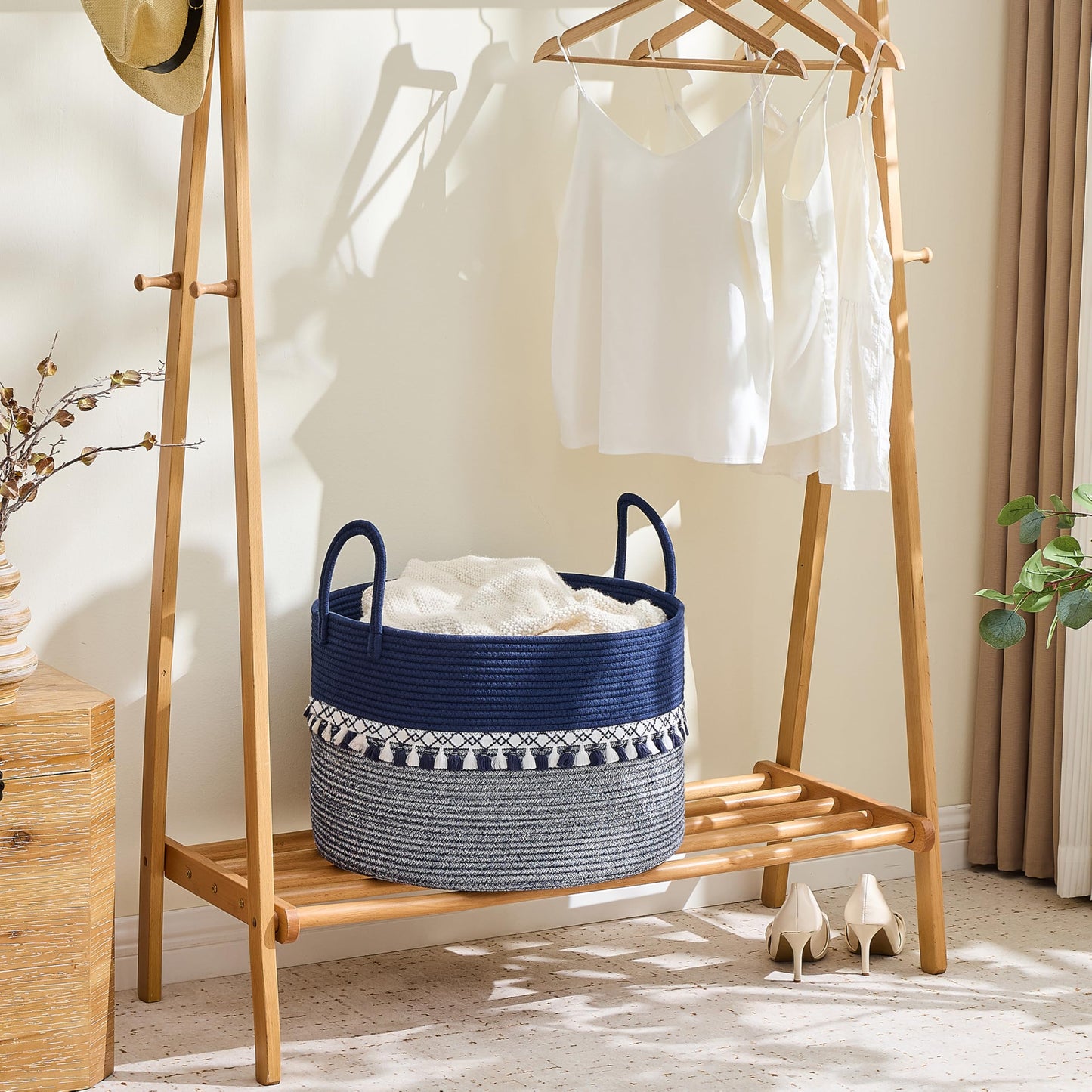 KAKAMAY Cotton Rope Storage Basket (20"x13"),Woven Hamper for Blankets,Toys,Pillows,Clothes,Laundry,Sturdy Handles Decorative Basket for Living Room, Bedroom,Nursery(Blue/White)