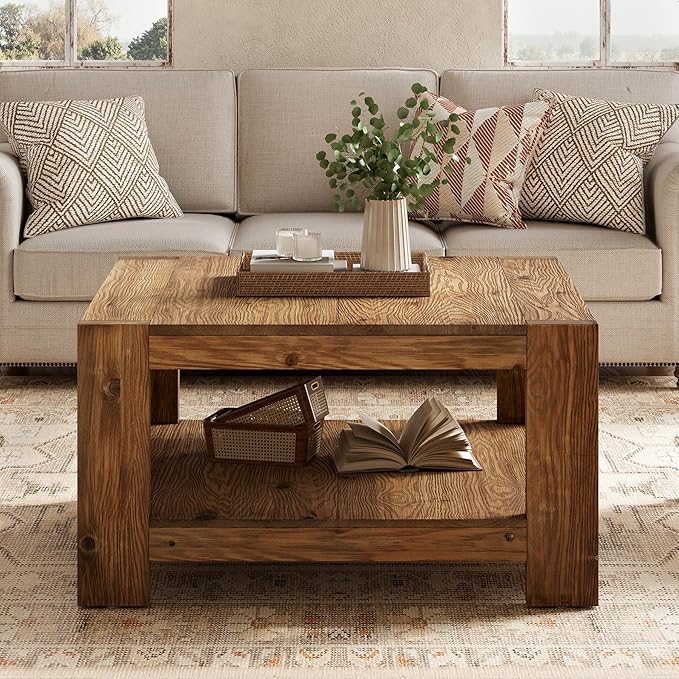 Solid Wood Coffee Table, 31.5" Square Farmhouse Center Table