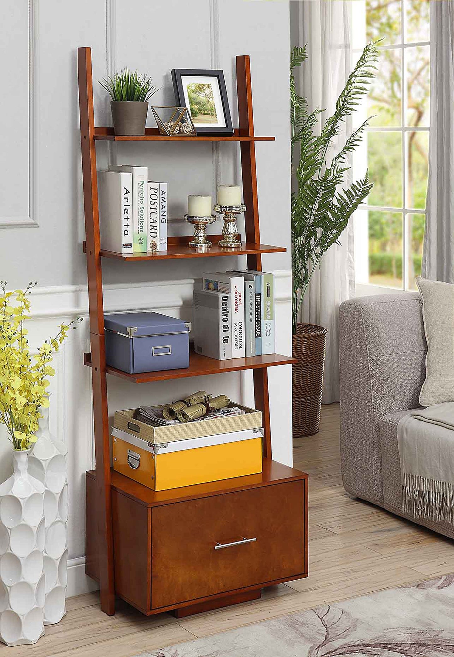 Convenience Concepts American Heritage Ladder Bookcase with File Drawer, Cherry