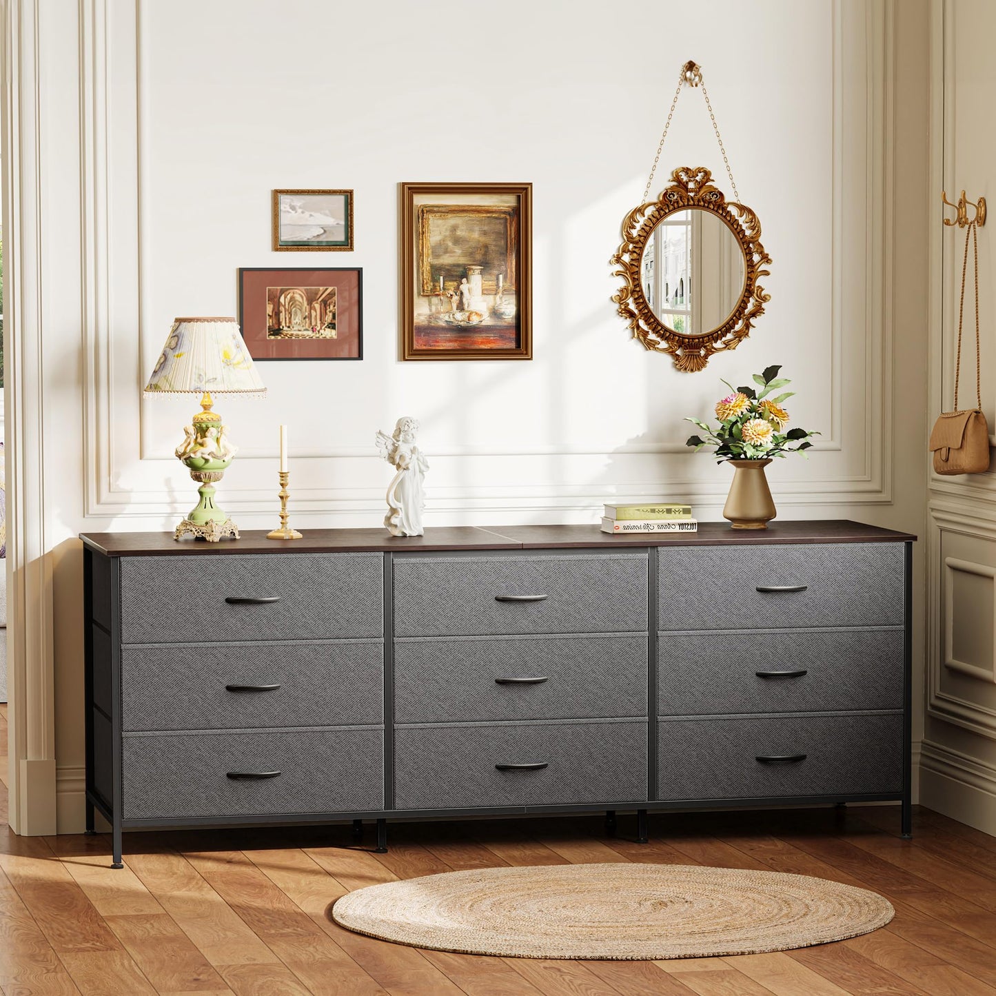 Huuger 63 Inch Dresser for Bedroom, Dresser for Closet with 9 Fabric Drawers, Large TV Stand for 55, 65, 70 Inch TV, Entertainment Center with Storage, Wide Long Chest of Drawers, Walnut and Dark Grey