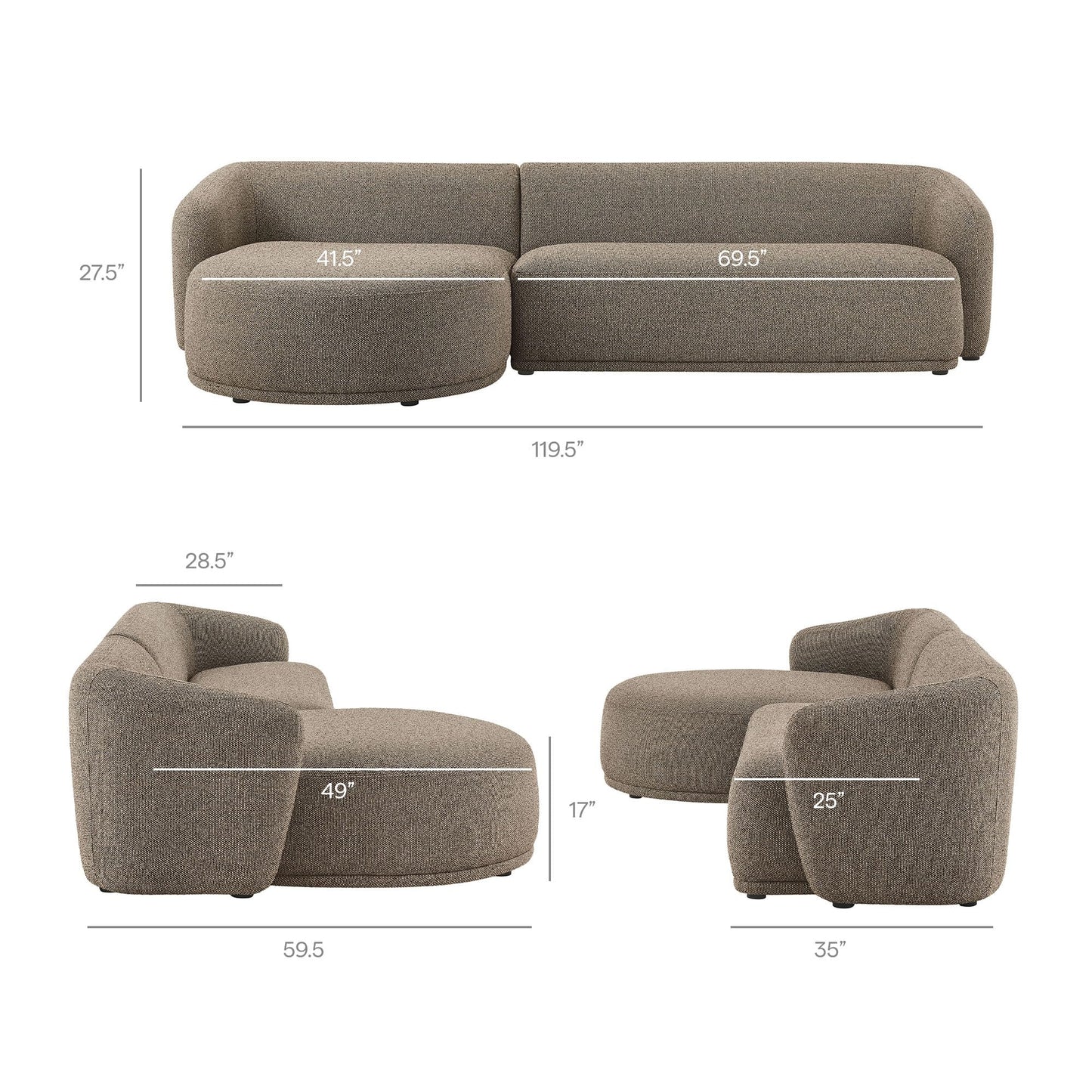 Modway Monica Left Facing Sectional with Chaise in Earth – Comfortable Low Profile 2-Piece Boucle Fabric Modular Sofa for Living Room, Bedroom, Or Apartment