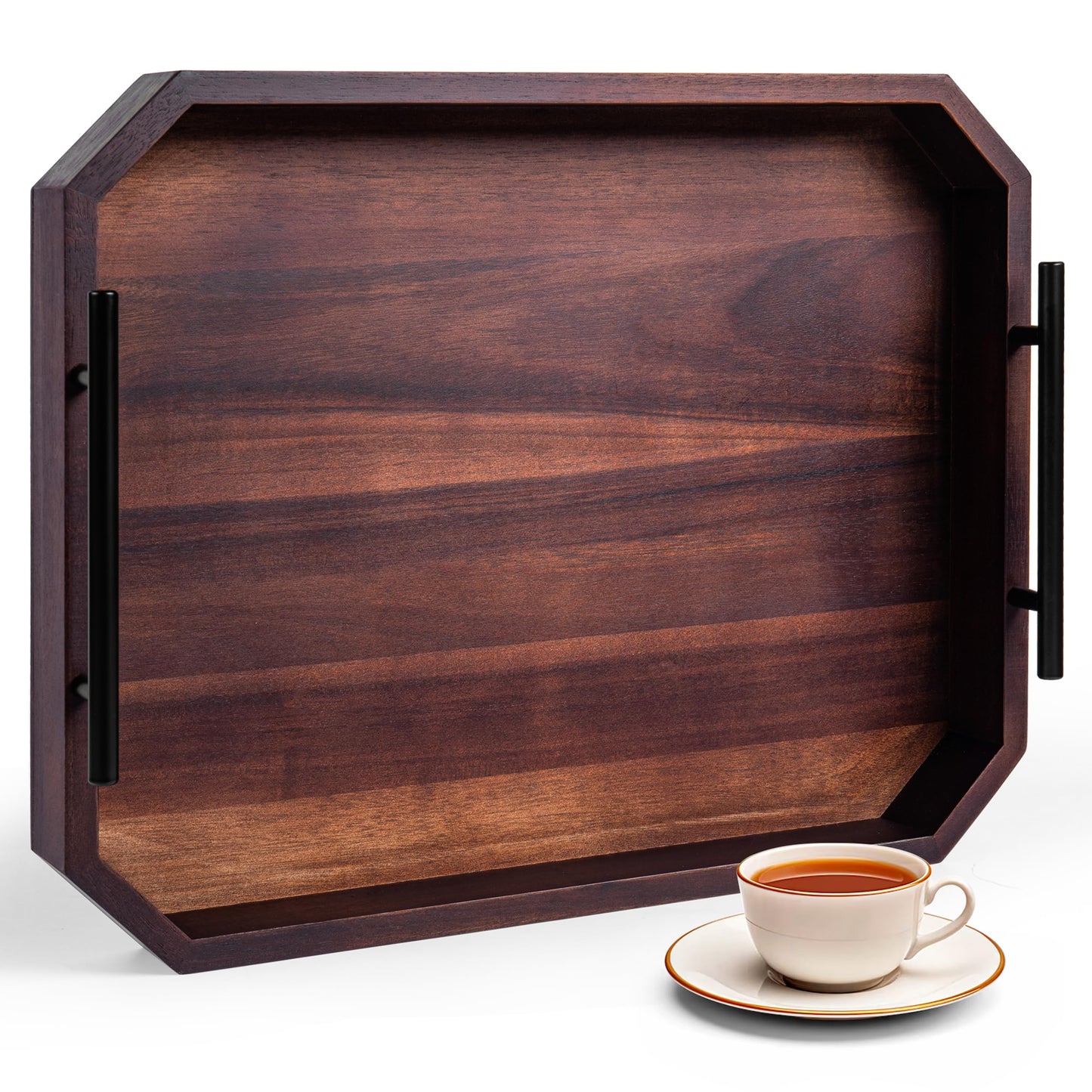 Hauzlen Large Square Ottoman Tray with Built-in Handles – Accacia Wood Serving Tray for Living Room, Coffee Table, Dinning, Kitchen, Patio, Party | Rustic Decorative Storage Tray | 19" x 15" x 2"