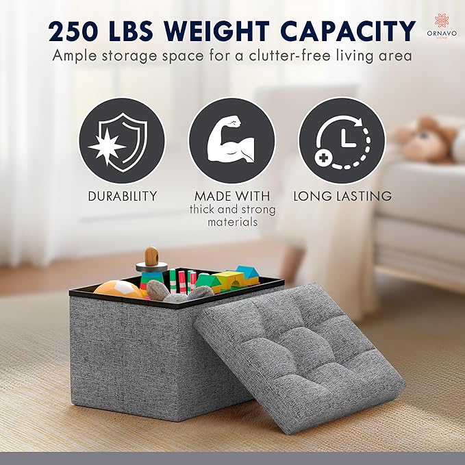 Ornavo Home Small Storage Ottoman Foldable Collapsible Rectangle Linen Ottoman