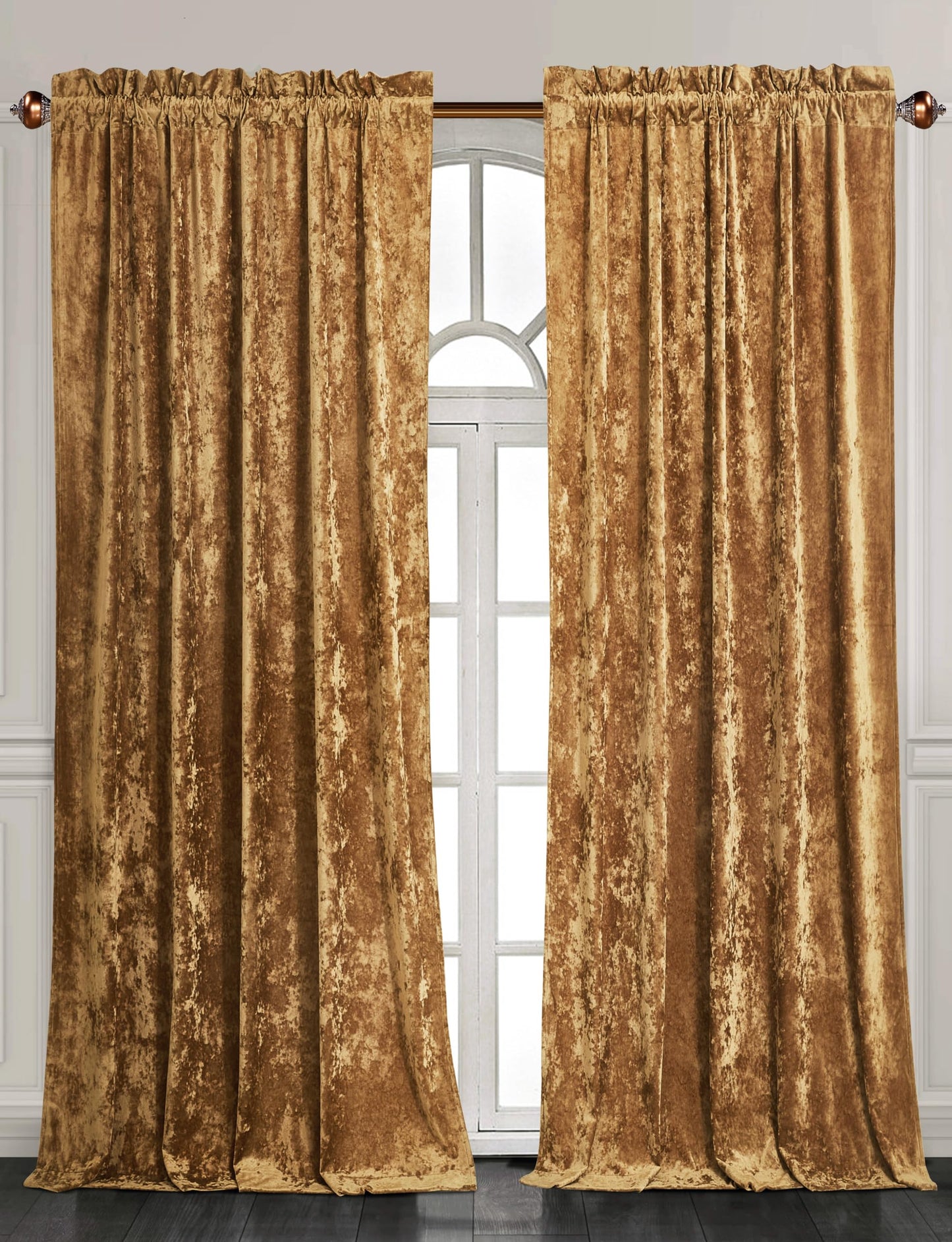 Chezmoi Collection Lux Caramel Gold Crushed Velvet Curtains 2 Panel Set - 72 inches Long Room Darkening Luxury Distressed Velvet Rod Pocket Window Drapes for Living Room Bedroom 50" W x 72" L
