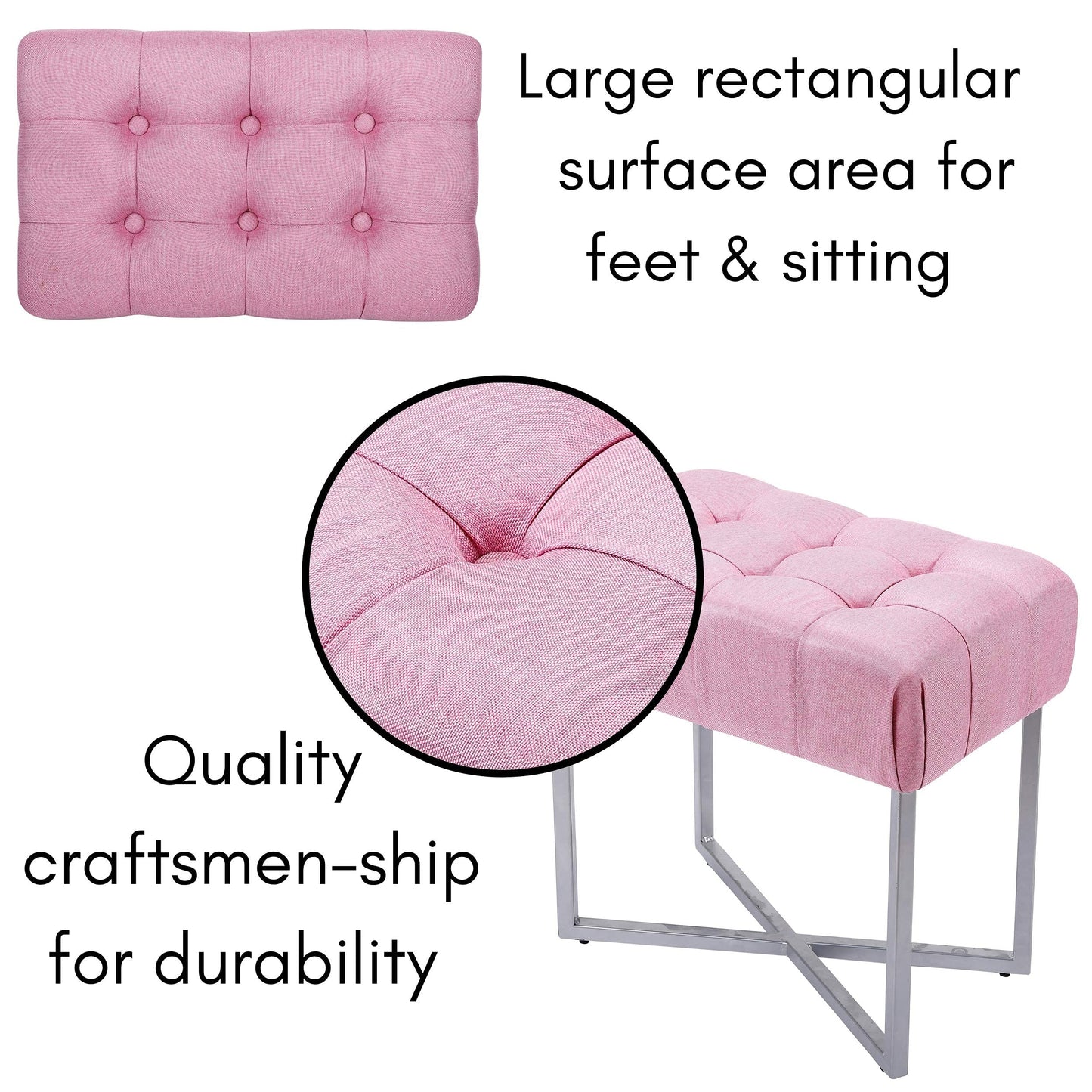 BIRDROCK HOME Rectangle Tufted Linen Ottoman Foot Rest - 19.7x11.82x17.73” Small Foot Stool with Legs - Padded Footrest Modern Ottomans for Living Room Furniture, Bedroom Footstool (Pink)