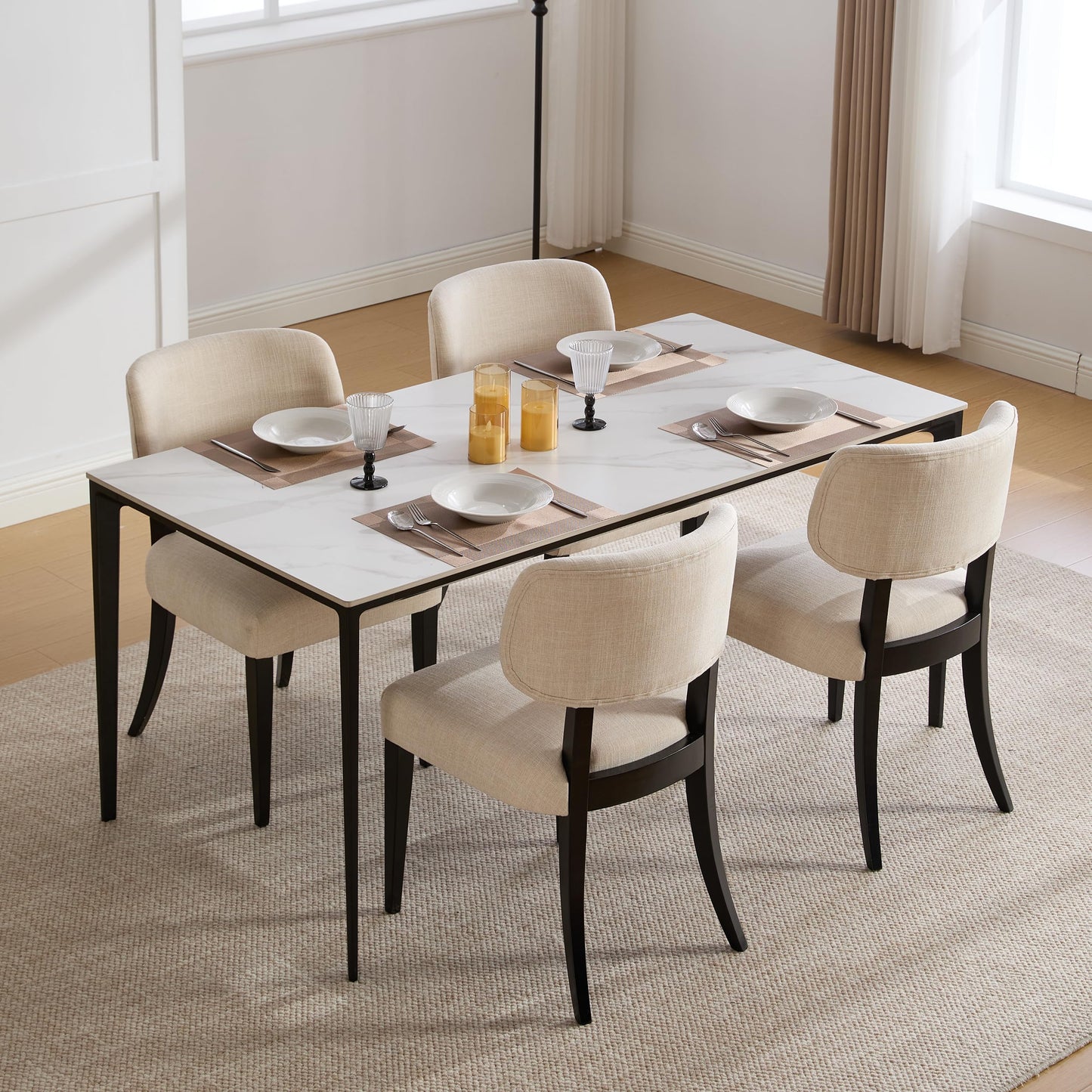 Wood Upholstered Dining Chairs Set of 2, Modern Linen Fabric Accent Side Seating with Padded Backrest, Armless Farmhouse Kitchen Room Furniture for Breakfast Nook Apartment Restaurant (Beige)