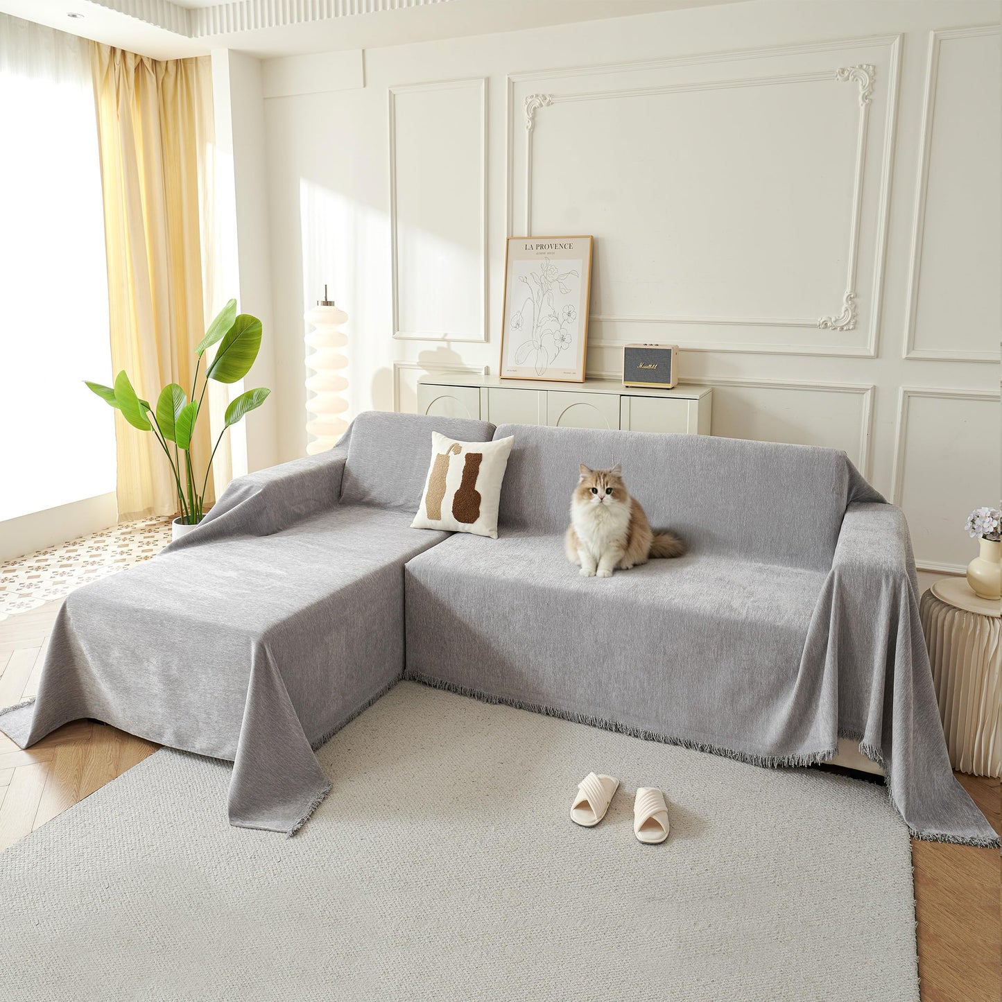 KaviKon Sectional Couch Covers 2-Piece for L Shape Sofa, Chenille Washable Sofa Cover for 2-3 Cushion Couch, Non-Slip Furniture Protector for Dogs,Pets, Soft Couch Blanket Slipcovers Sets (L-Grey)