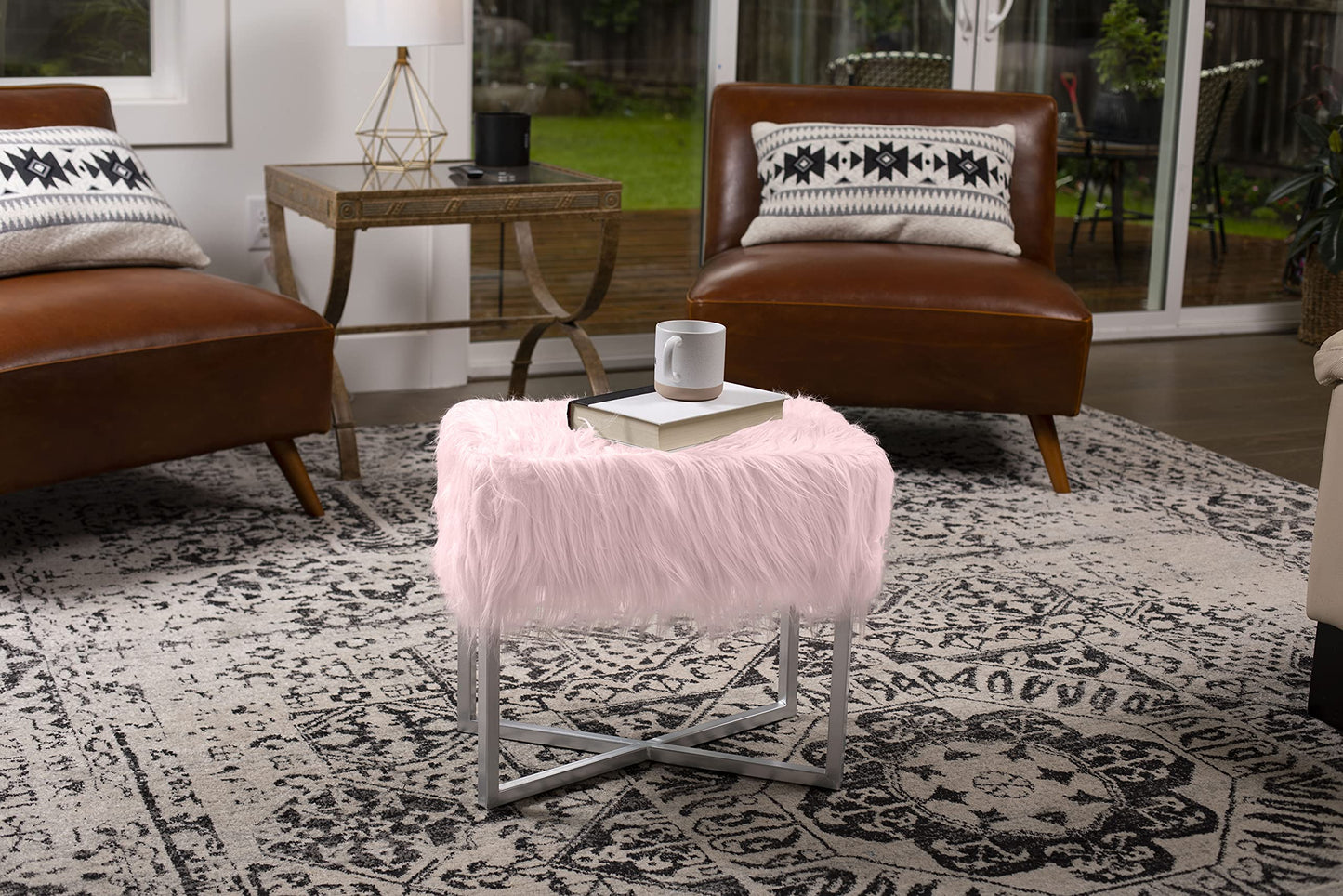 BIRDROCK HOME Rectangular Faux Fur Vanity Foot Stool Ottoman with Metal Legs - Small Soft Padded and Fluffy Makeup Seat or Foot Rest for Bedroom, Desk, or Dressing Table (Pink and White)