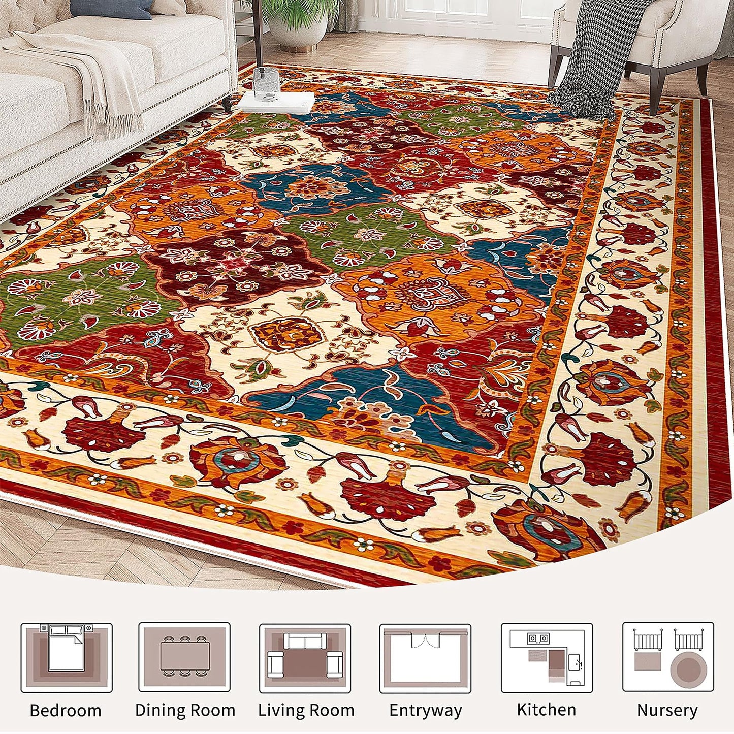 UKELER Nursery Rugs 5x7, Machine Washable Foldable Boho Floral Area Rugs, Non Slip Durable Low Profile Accent Rug for Kids Playroom Bedroom Living Room Dinning Room Dorm Office Hotel Farmhouse, Beige