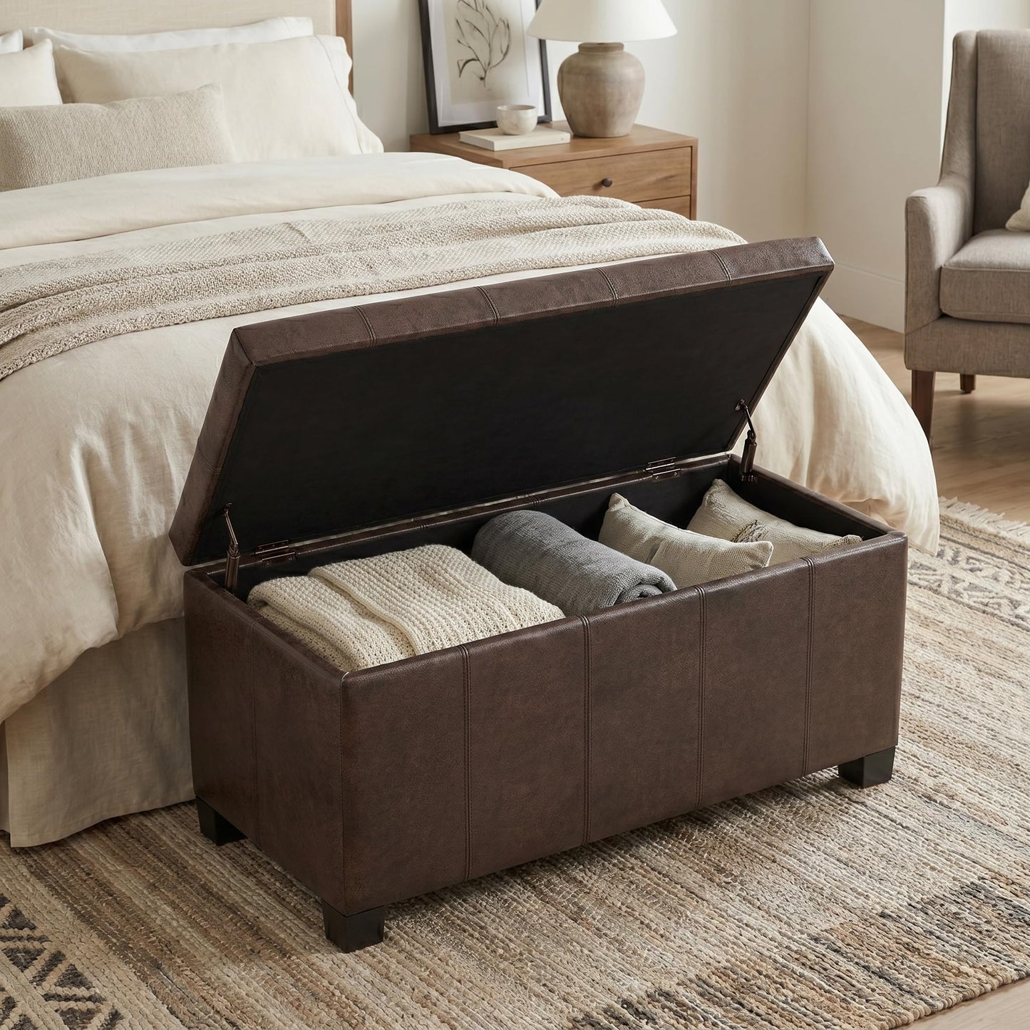 SIMPLIHOME Dover Storage Ottoman Bench - 36 inch Wide Upholstered Vegan Leather Rectangular Lift-Top Ottoman in Distressed Brown, Contemporary Bench for Living Room with Safety Hinges
