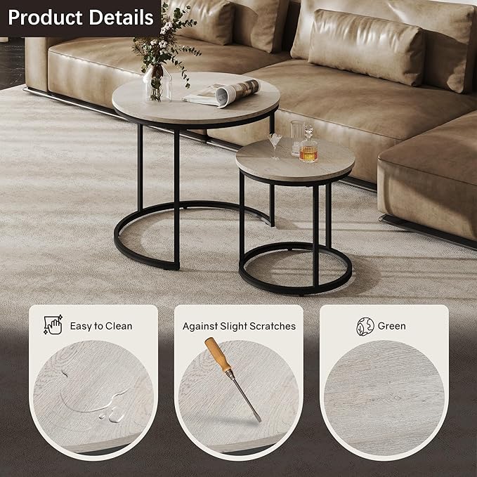 Otterease Nesting Tables Set of 2, Round Coffee Table, Small Nesting Coffee