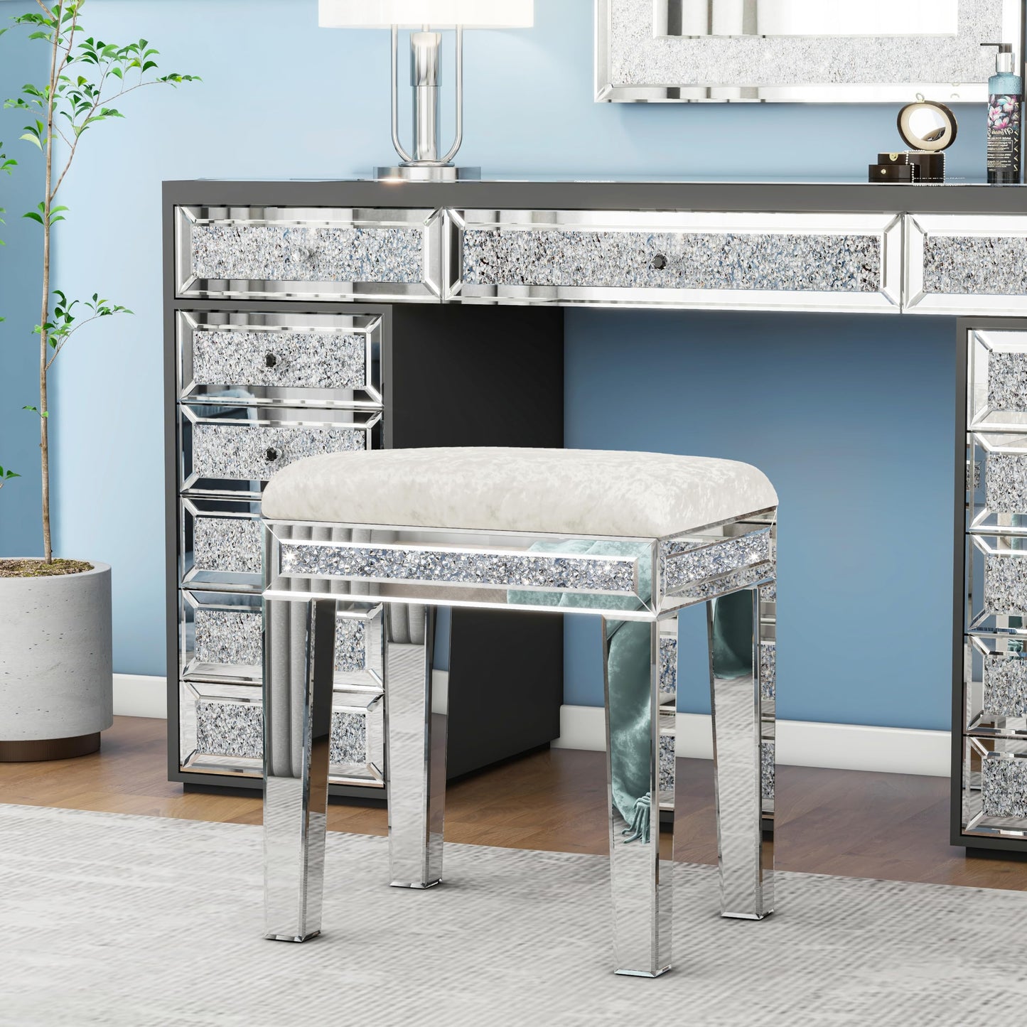 blingworld Mirrored Vanity Stool with Crushed Diamond Inlay Velvet Cushion 19.7'' Tall Stylish Makeup Chair for Bedroom, Vanity Chair, Ottoman for Living Room, White