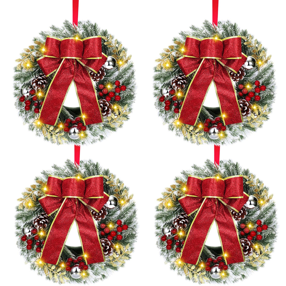 4 Pcs Lighted Christmas Wreaths, 12 Inch Pre Lit Small Xmas Wreath with Large Bow, Pine Needle Wreath with LED Lights Battery Operated Xmas Ornaments for Front Door Wall Christmas Party Decor(Silver)