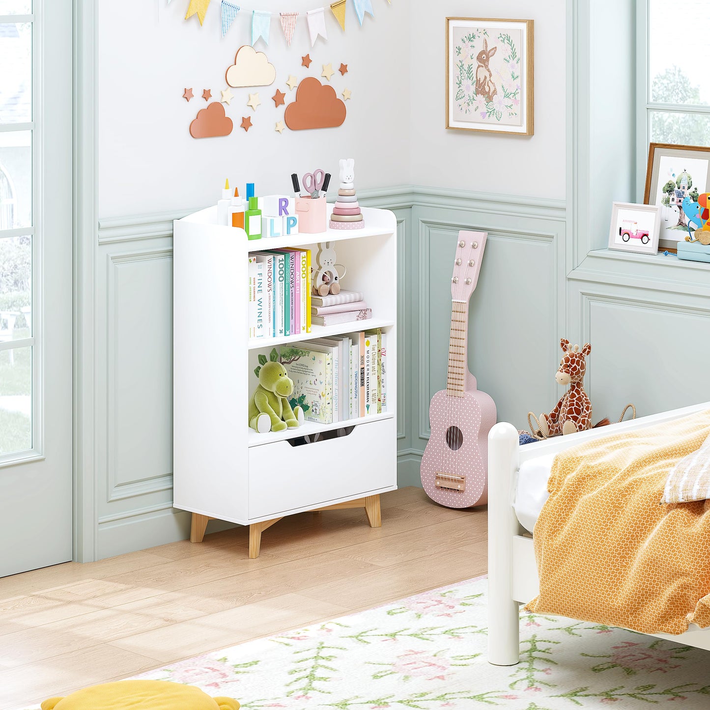 UTEX Kids Bookshelf, Children Bookcases with Storage and Drawer, Wood Kids Toy Storage Organizer for Playroom, Nursery School, White