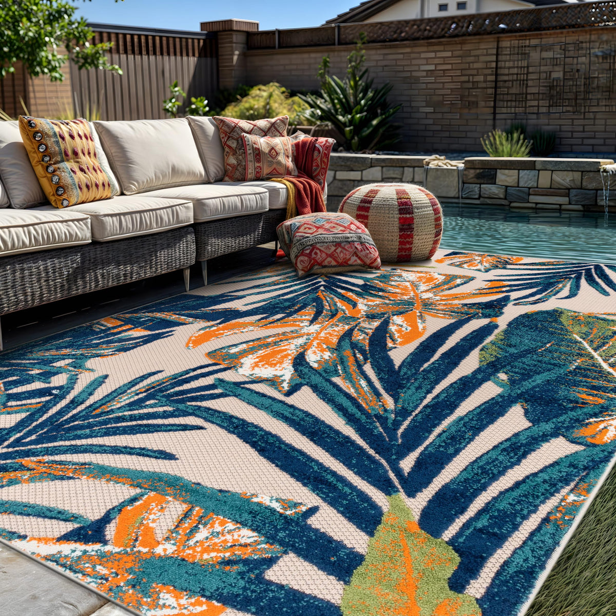 Rugshop Tropical Floral Leaves Indoor/Outdoor Area Rug Durable Polypropylene, Non-Shedding, Easy to Clean, Perfect for Patio, Backyard, Deck and Outdoor Lounge, High Traffic Areas, 5' x 7'