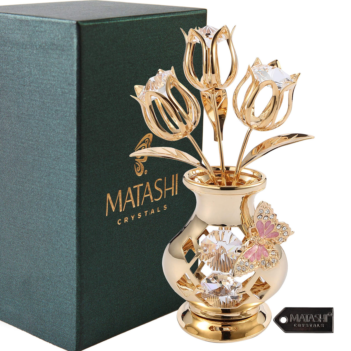 Matashi 24K Gold Plated Crystal Flower Figurine with Clear Crystals & Butterfly – Luxury Decorative Tulip Statue, Elegant Tabletop Home Décor, for Mother's Day, Valentine's Day, Christmas