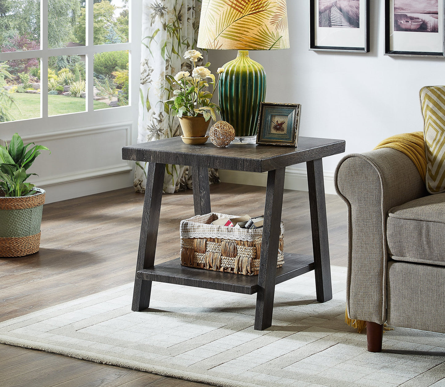Roundhill Furniture Athens Contemporary Replicated Wood Shelf End Table in Charcoal Finish