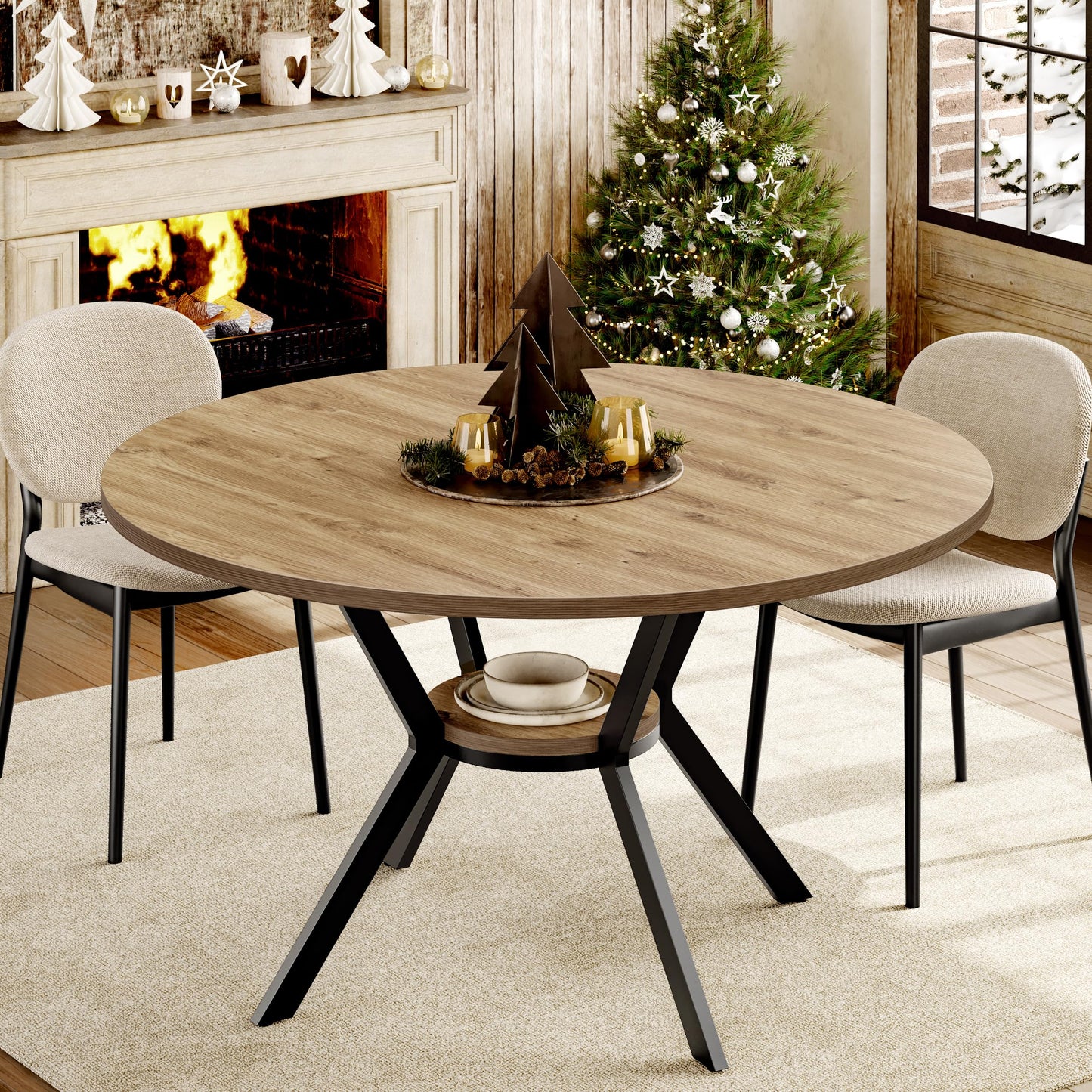MECHYIN 42 Inch Round Dining Table for 2–4, Farmhouse Round Kitchen Table with Storage Shelf, Pedestal Dining Table, Wood Top & Metal Base, Small Space Table for Apartment, Dining Room