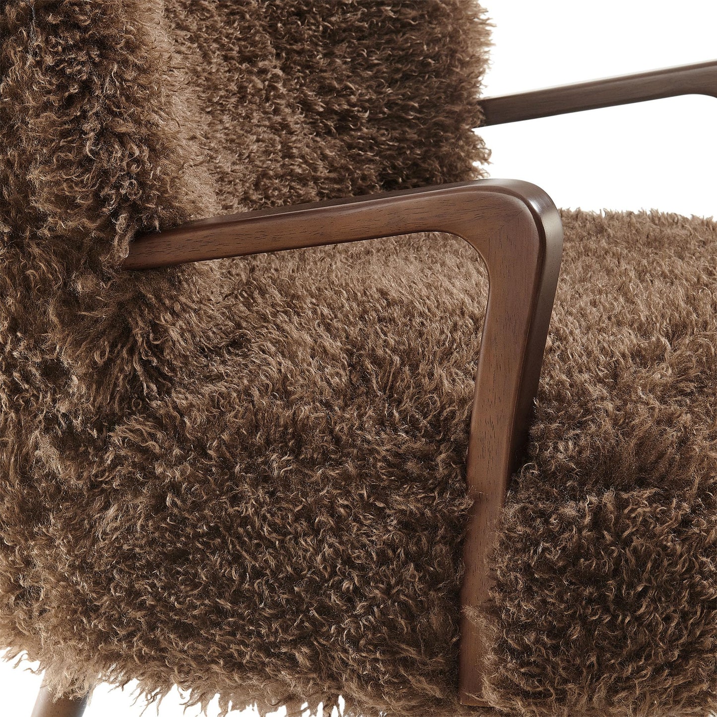 Modway Zerra Upholstered Faux Shearling Lounge Chair in Brown – Mid-Century Modern Accent Armchair with Wood Frame – Fuzzy Fabric Single Sofa Chair