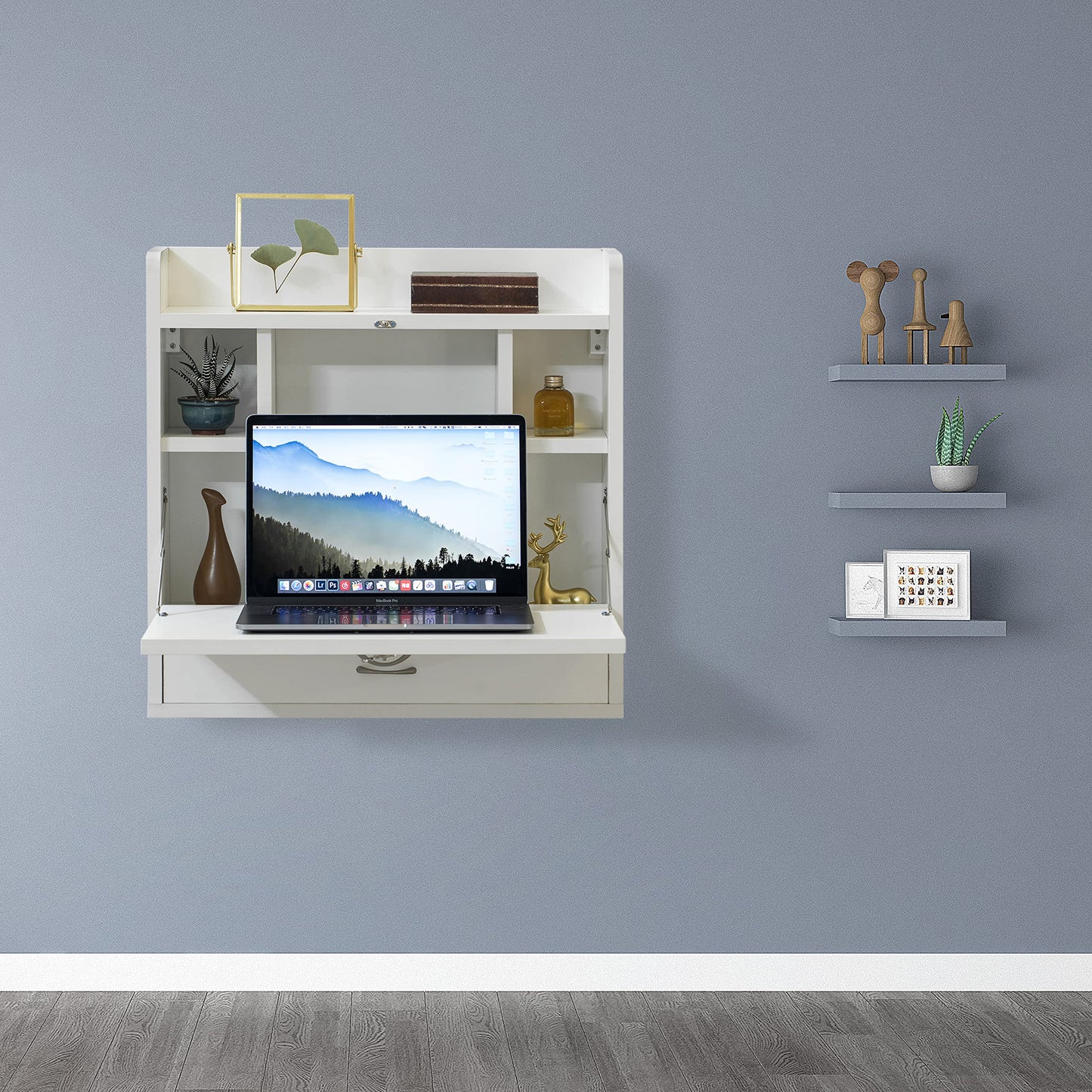 Basicwise Wall Mounted Folding Desk with Storage Shelves - Floating Table with Drawers, Space Saving for Small Spaces, 23.75 x 6.75 x 23 in, White for Home Office, Bedroom, Study, Dorm Room
