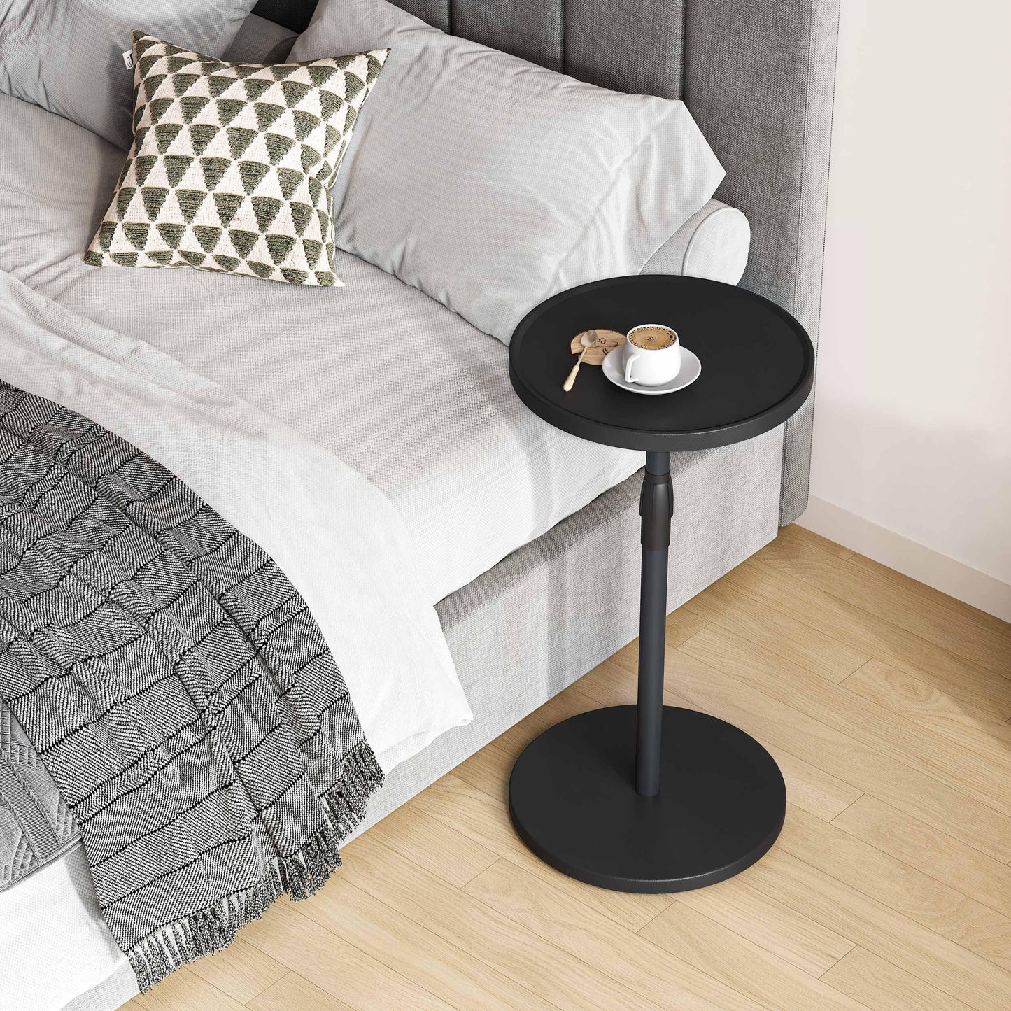 IRCPEN Adjustable Round Side Table, Small End Table, Pedestal Drink Table for Small Spaces, Tall Round Nightstand for Living Room Bedroom Sofa Couch, Black Wood Grain ET-010BW