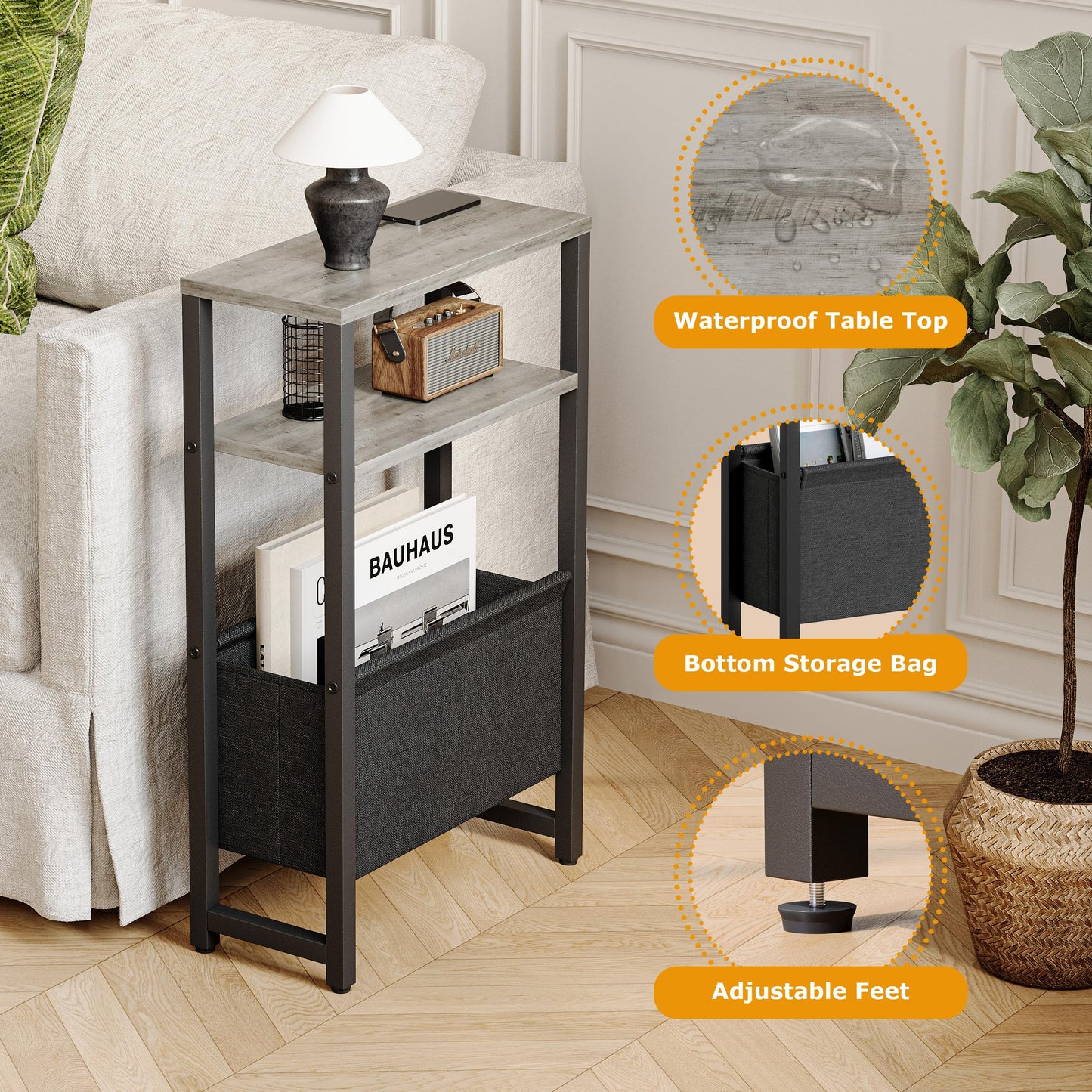 IRCPEN Narrow Side Table, Slim End Table with Magazine Rack, Skinny Bedside Table for Small Spaces, 3 Tier Sofa Couch Table Nightstand for Living Room, Bedroom,Oak Grey LET503Q